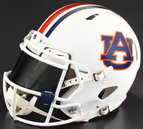 Auburn Tigers Riddell Authentic Speed Football Helmet – White AU, White Mask, Nike Black Visor, White Brow Tabs, and Navy Blue Clips
