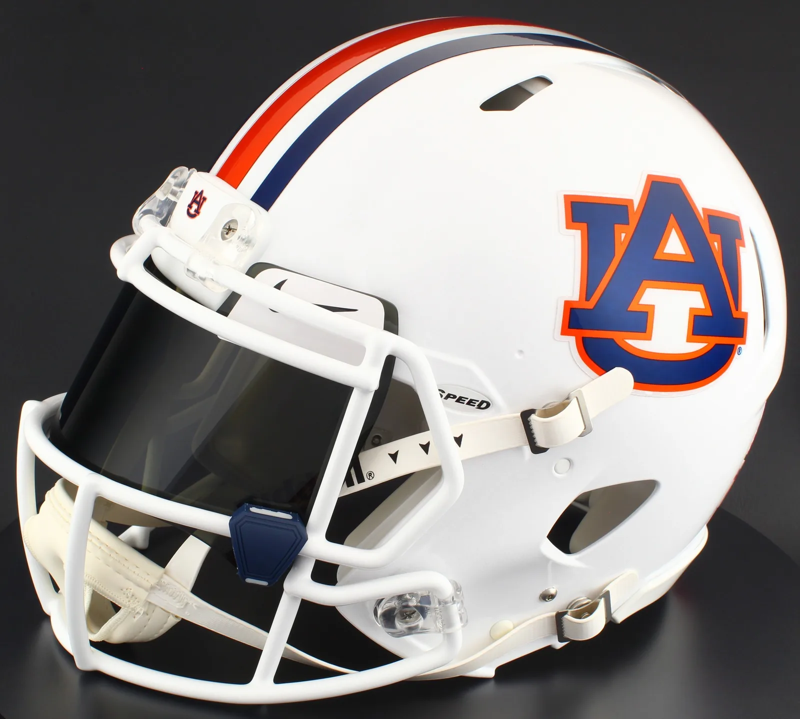 Auburn Tigers Riddell Authentic Speed Football Helmet – White AU, White Mask, Nike Black Visor, White Brow Tabs, and Navy Blue Clips