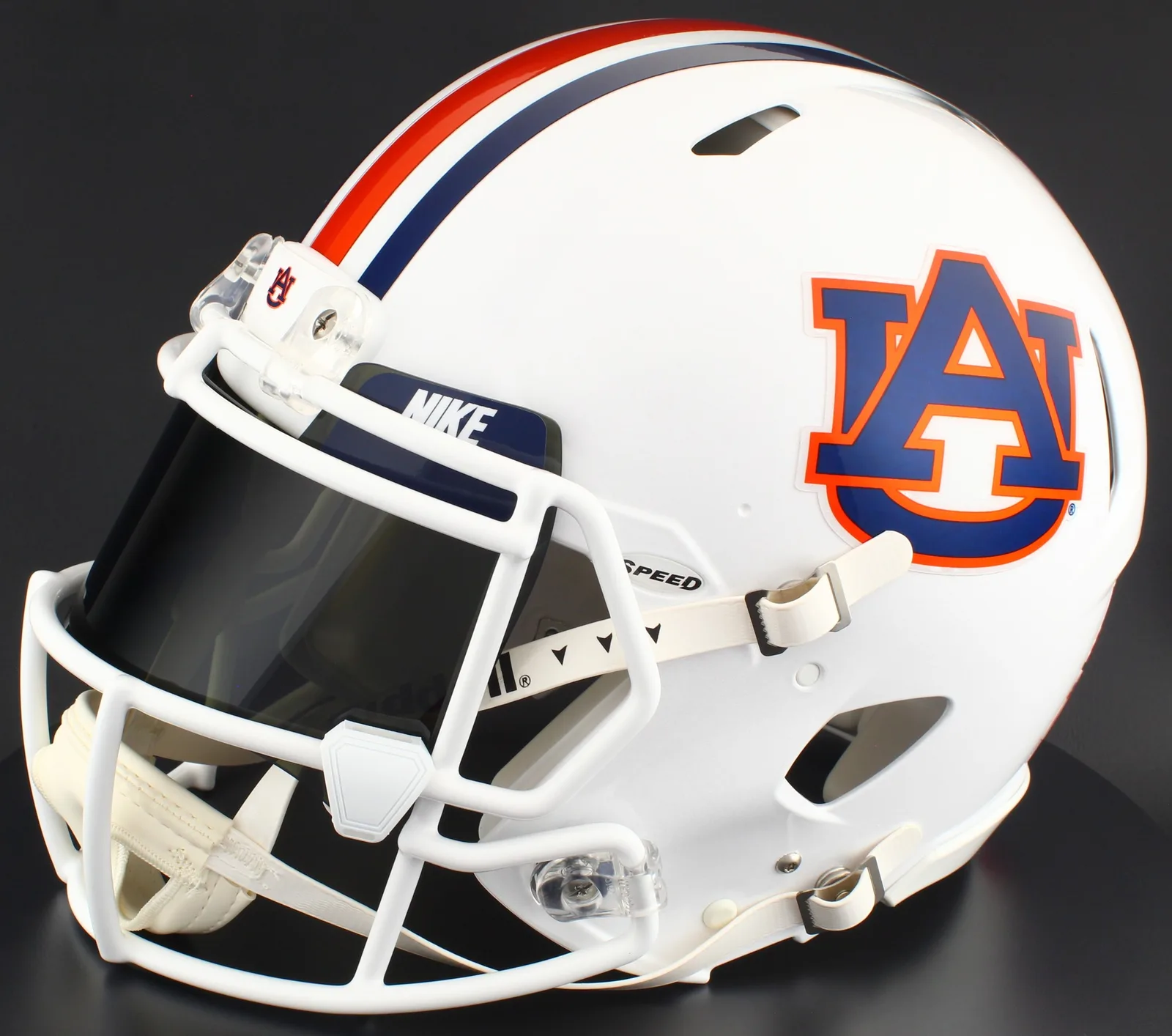 Auburn Tigers Riddell Authentic Speed Football Helmet – White AU, Navy Factory Mask, Nike Black Visor, Navy Blue Brow Tabs, and Navy Blue Clips