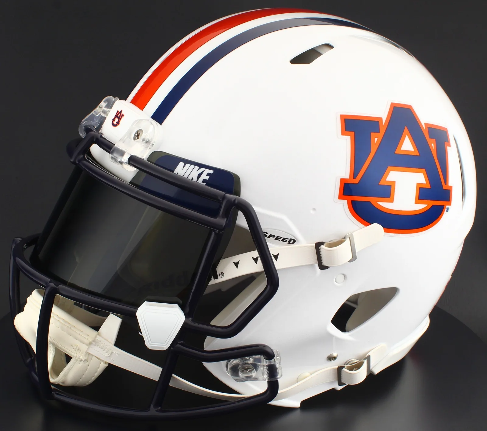 Auburn Tigers Riddell Authentic Speed Football Helmet – White AU, Navy Factory Mask, Nike Black Visor, Navy Blue Brow Tabs, and White Clips