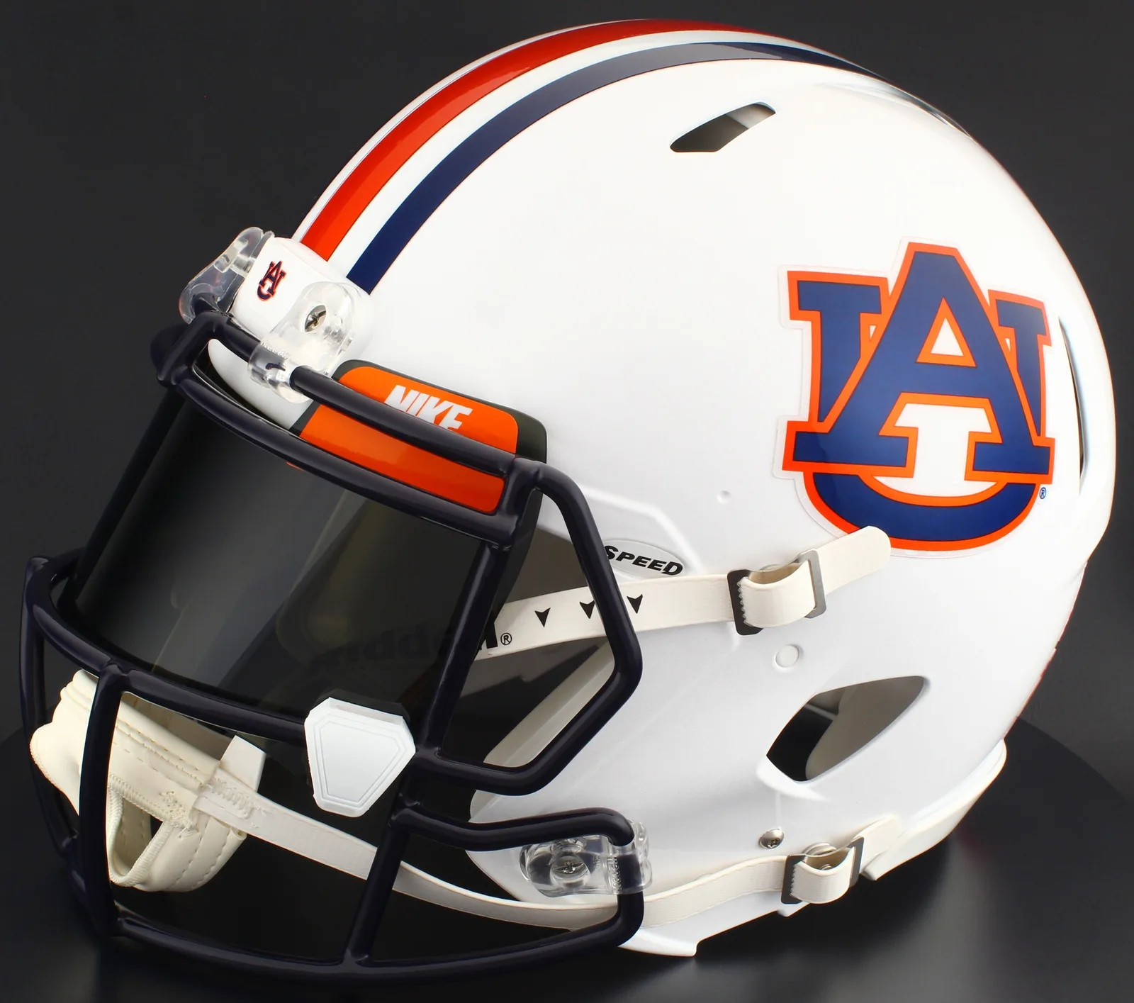 Auburn Tigers Riddell Replica Speed Football Helmet – White AU, Navy Factory Mask, Nike Black Visor, Dark Orange Brow Tabs, and White Clips