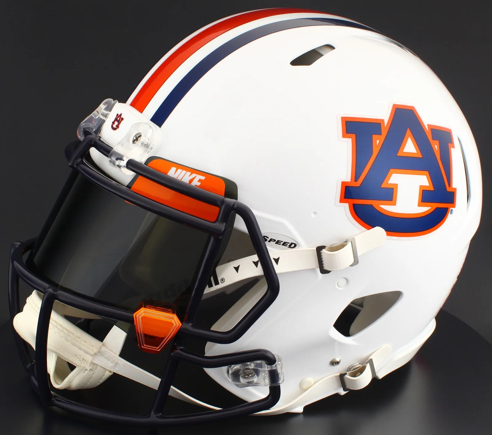 Auburn Tigers Riddell Authentic Speed Football Helmet – White AU, Navy Factory Mask, Nike Black Visor, Dark Orange Brow Tabs, and Orange Chrome Clips