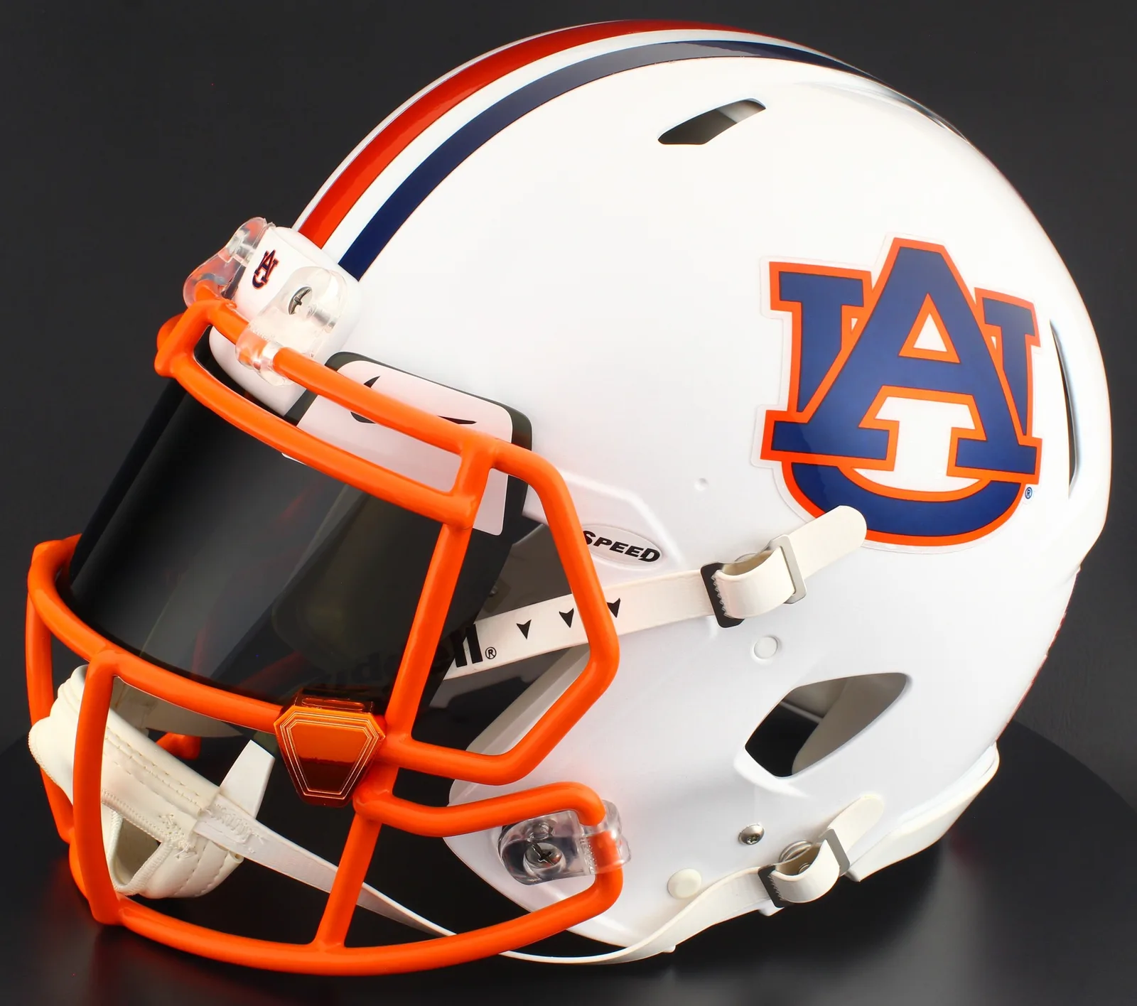 Auburn Tigers Riddell Authentic Speed Football Helmet – White AU, Burnt Orange Mask, Nike Black Visor, White Brow Tabs, and Orange Chrome Clips