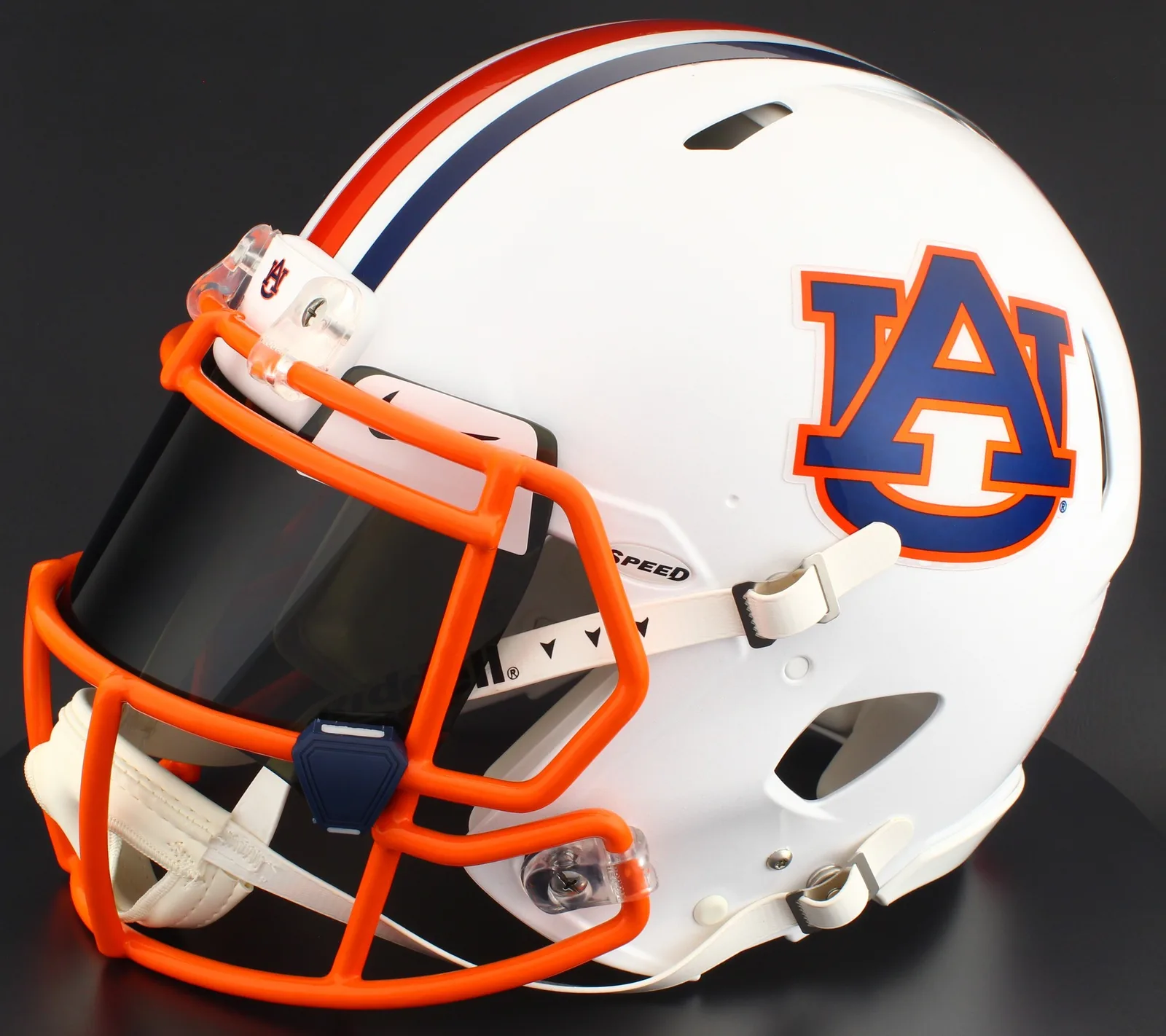Auburn Tigers Riddell Authentic Speed Football Helmet – White AU, Burnt Orange Mask, Nike Black Visor, White Brow Tabs, and Navy Blue Clips