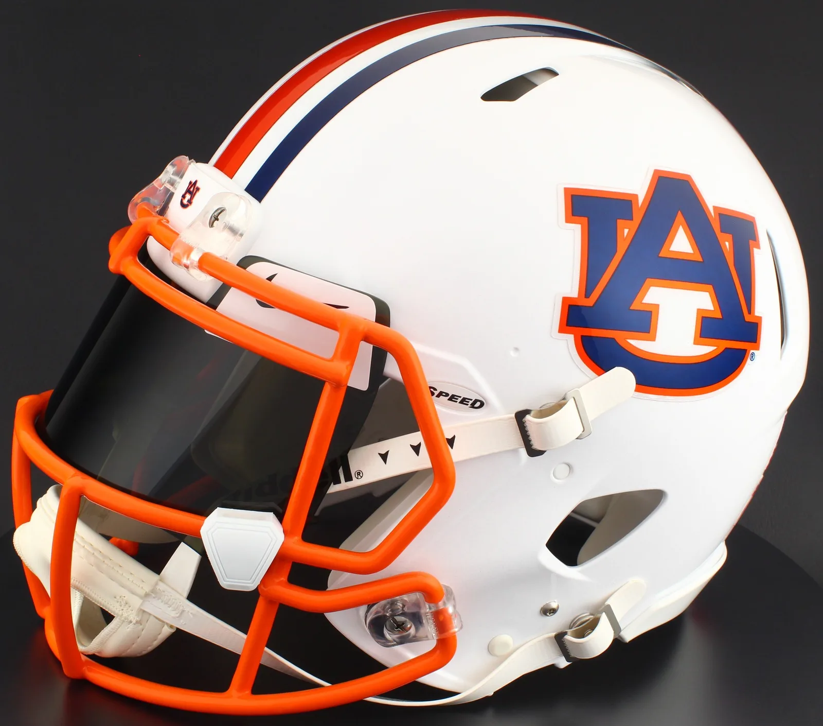 Auburn Tigers Riddell Authentic Speed Football Helmet – White AU, Burnt Orange Mask, Nike Black Visor, White Brow Tabs, and White Clips