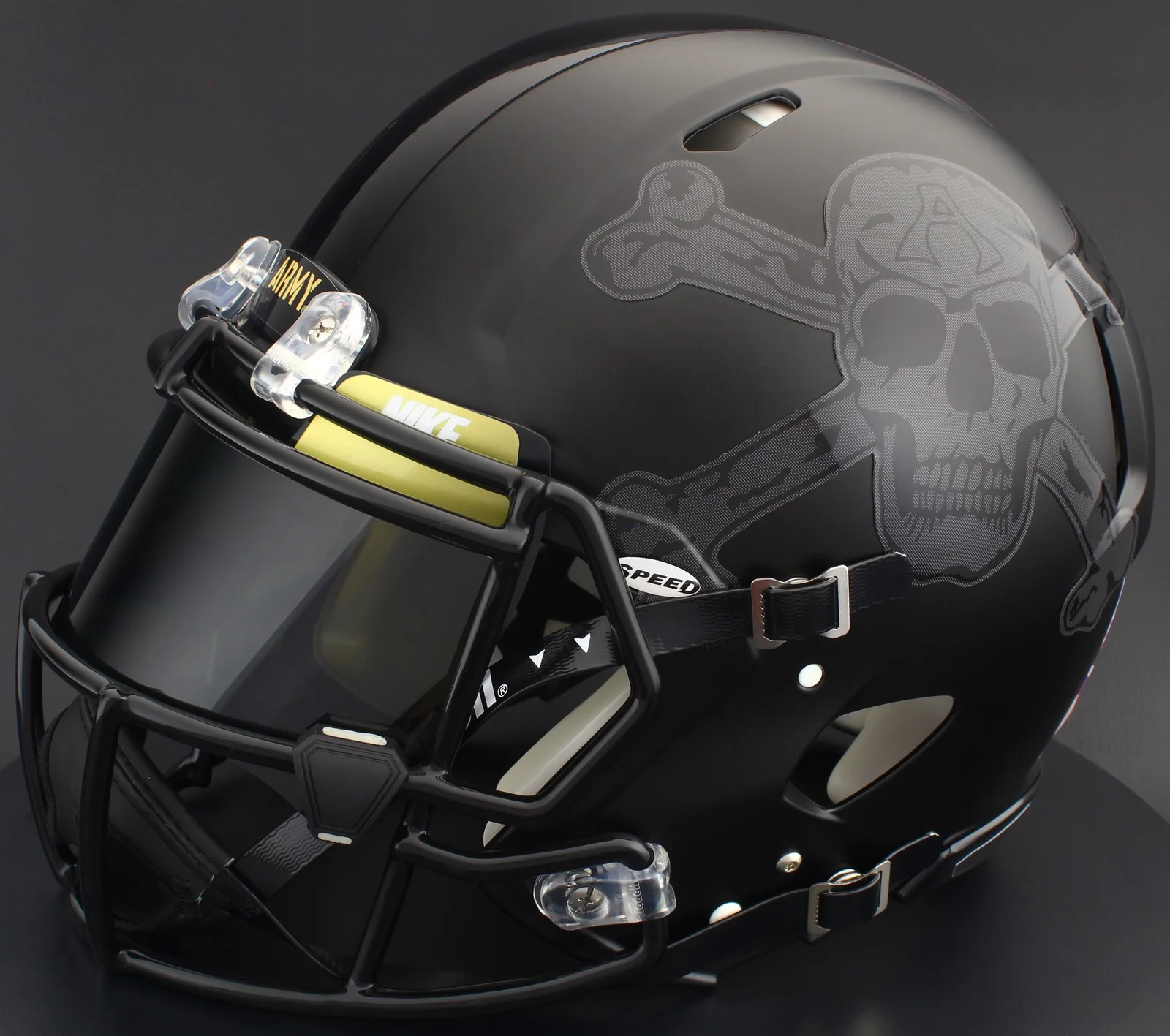 Army Black Knights Riddell Authentic Speed Football Helmet – Skull and Crossbones, Black Factory Mask, Nike Black Visor, Vegas Gold Brow Tabs, and Gold Chrome Clips