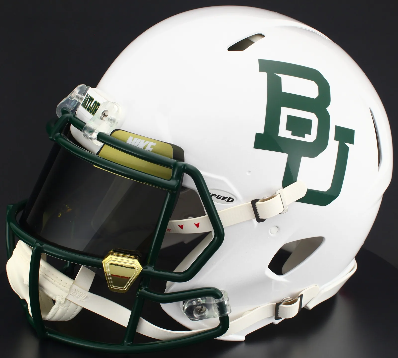 Baylor Bears Riddell Authentic Speed Football Helmet – White Metallic, Dark Green Factory Mask, Nike Black Visor, Vegas Gold Brow Tabs, and Gold Chrome Clips