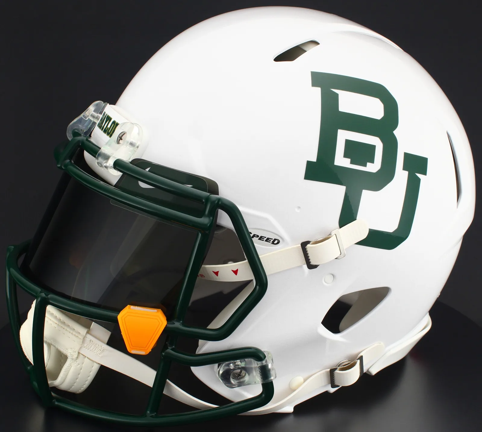Baylor Bears Riddell Replica Speed Football Helmet – White Metallic, Dark Green Factory Mask, Nike Black Visor, Dark Green Brow Tabs, and Orange Chrome Clips