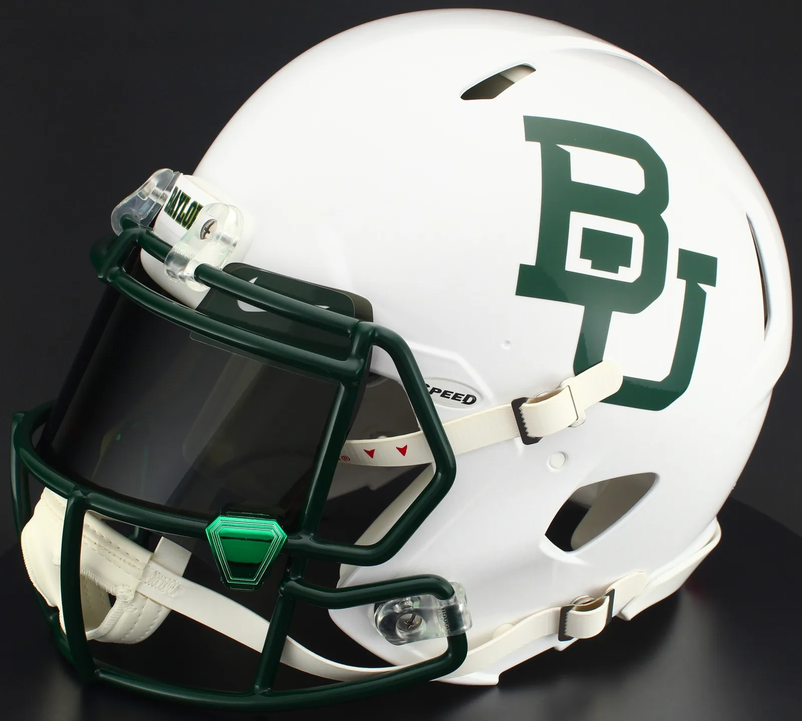 Baylor Bears Riddell Replica Speed Football Helmet – White Metallic, Dark Green Factory Mask, Nike Black Visor, Dark Green Brow Tabs, and Green Chrome Clips