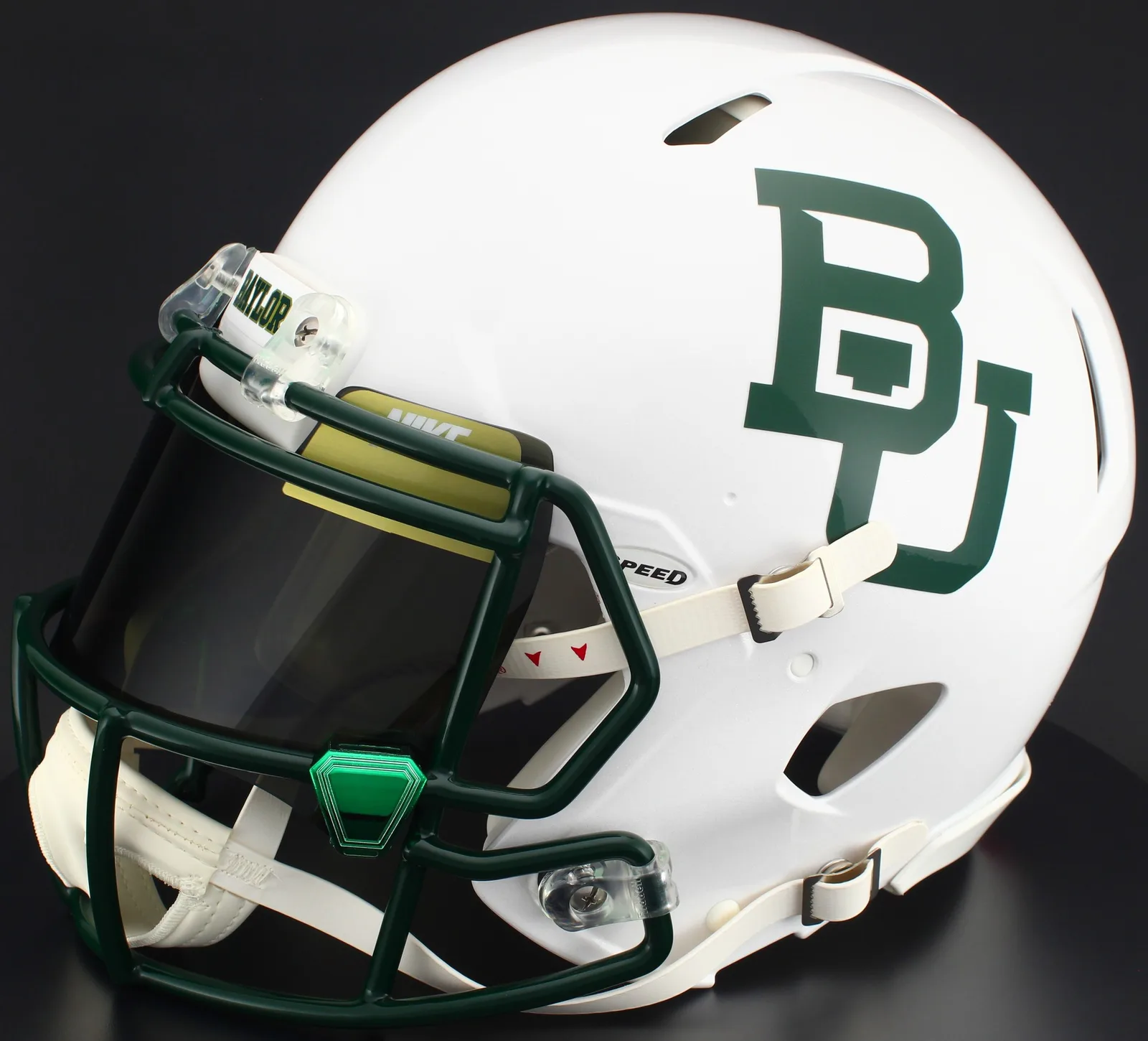 Baylor Bears Riddell Authentic Speed Football Helmet – White Metallic, Dark Green Factory Mask, Nike Black Visor, Vegas Gold Brow Tabs, and Green Chrome Clips