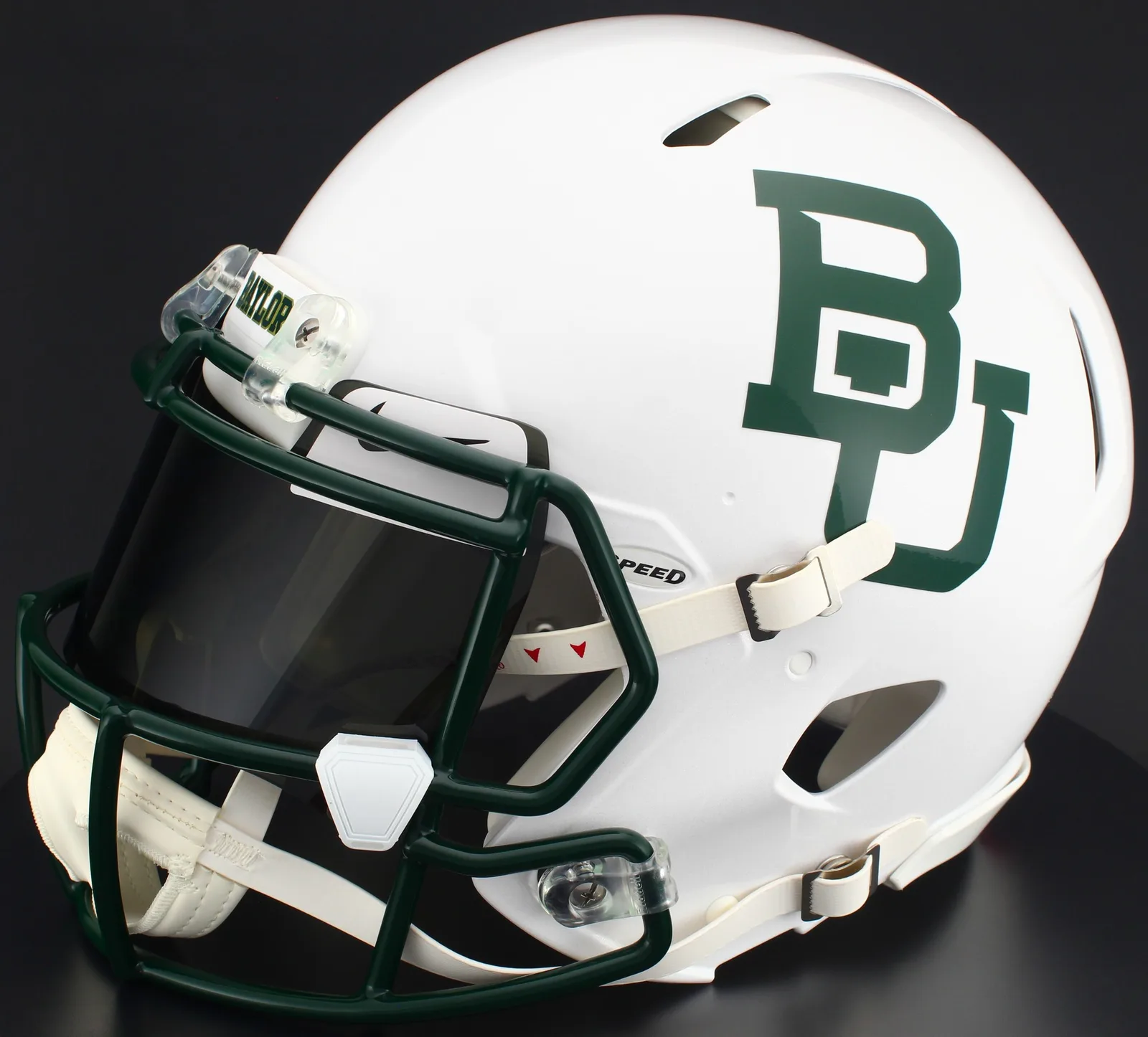 Baylor Bears Riddell Replica Speed Football Helmet – White Metallic, Dark Green Factory Mask, Nike Black Visor, White Brow Tabs, and White Clips