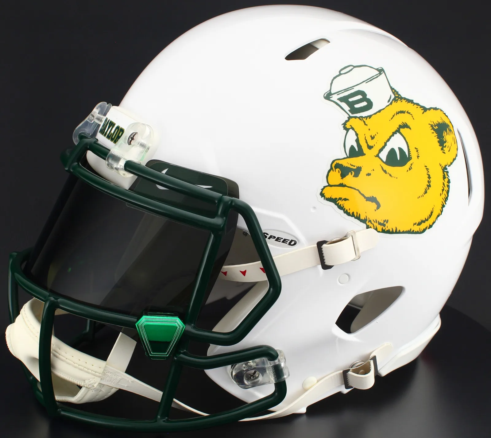 Baylor Bears Riddell Authentic Speed Football Helmet – Sailor Bear, Dark Green Mask, Nike Black Visor, Dark Green Brow Tabs, and Green Chrome Clips