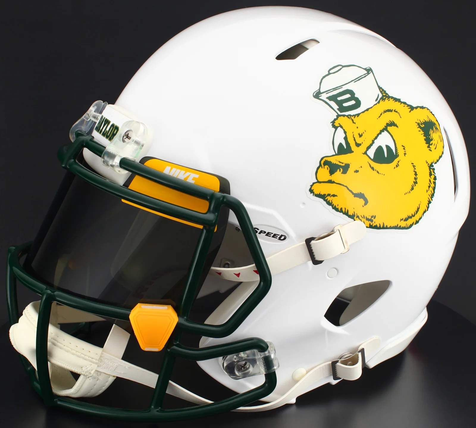 Baylor Bears Riddell Replica Speed Football Helmet – Sailor Bear, Dark Green Factory Mask, Nike Black Visor, Yellow Brow Tabs, and Orange Chrome Clips