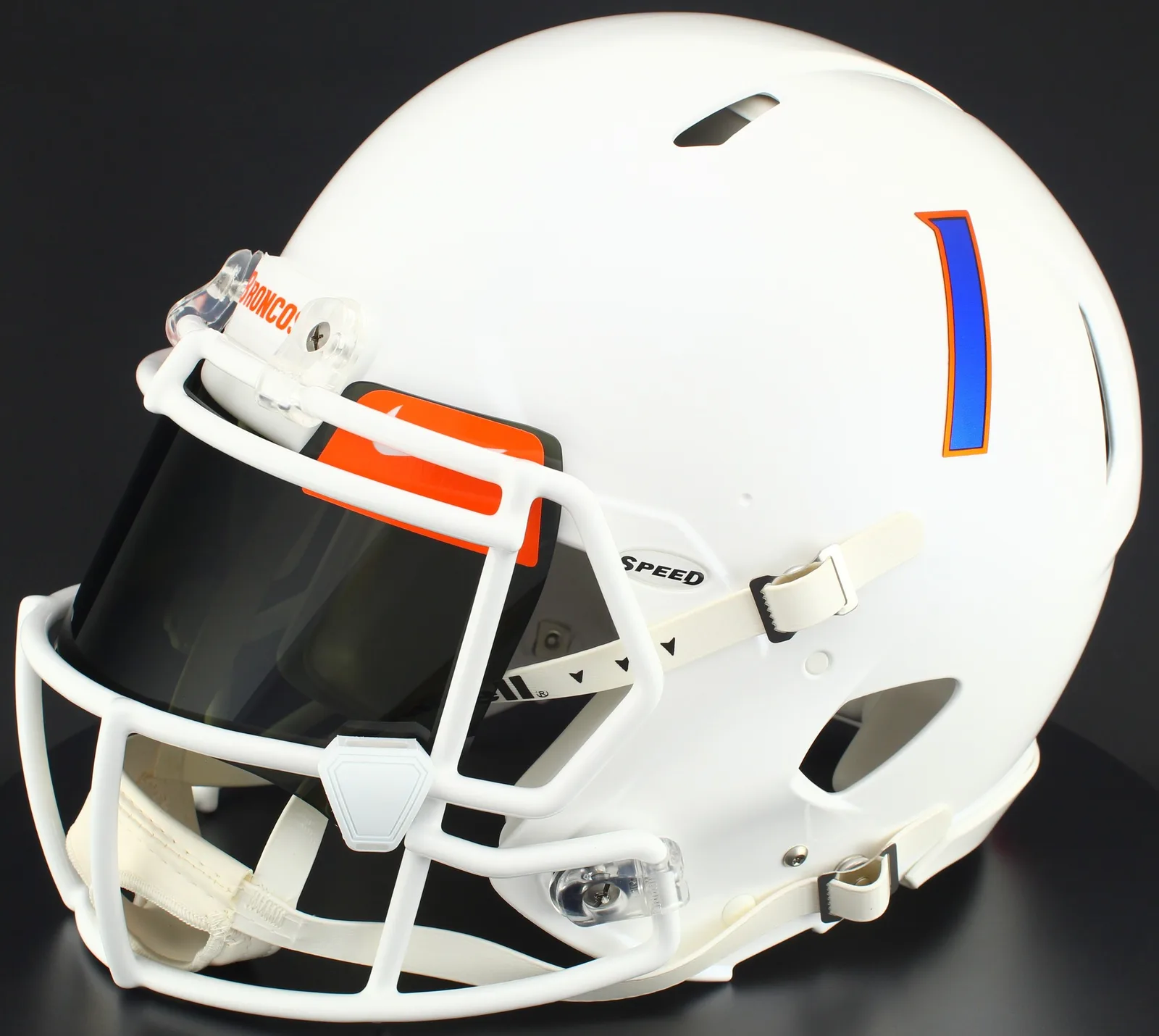 Boise State Broncos Riddell Replica Speed Football Helmet – White, White Factory Mask, Nike Black Visor, Dark Orange Brow Tabs, and White Clips