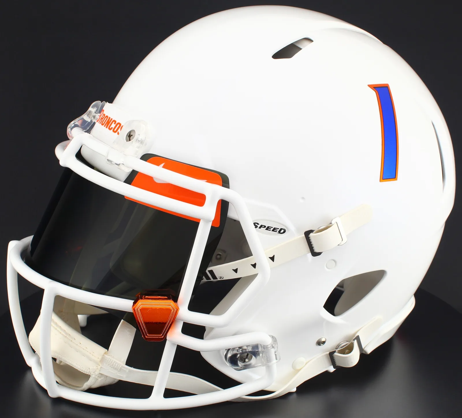 Boise State Broncos Riddell Replica Speed Football Helmet – White, Volunteers Orange Mask, Nike Black Visor, Dark Orange Brow Tabs, and Orange Chrome Clips