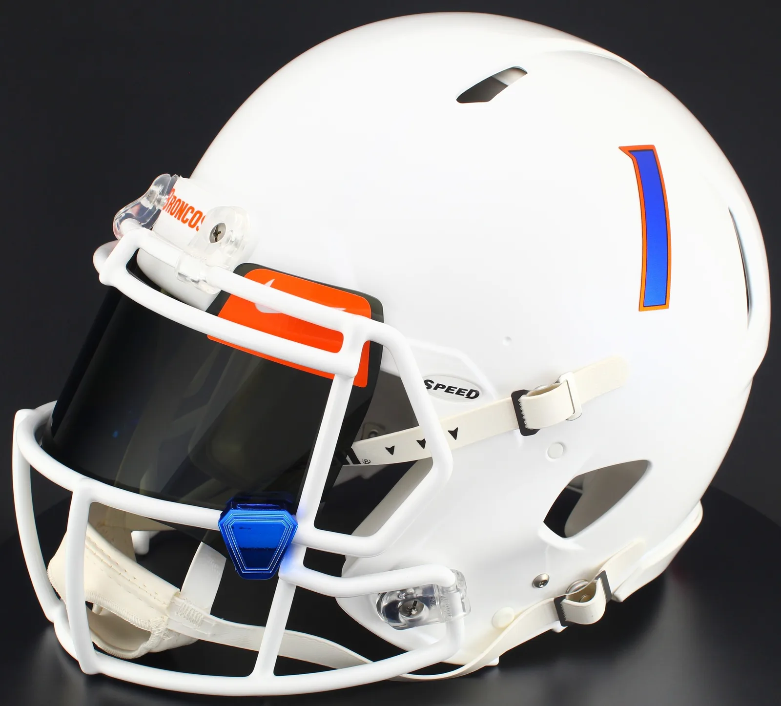 Boise State Broncos Riddell Replica Speed Football Helmet – White, Royal Blue Mask, Nike Black Visor, Dark Orange Brow Tabs, and Blue Chrome Clips