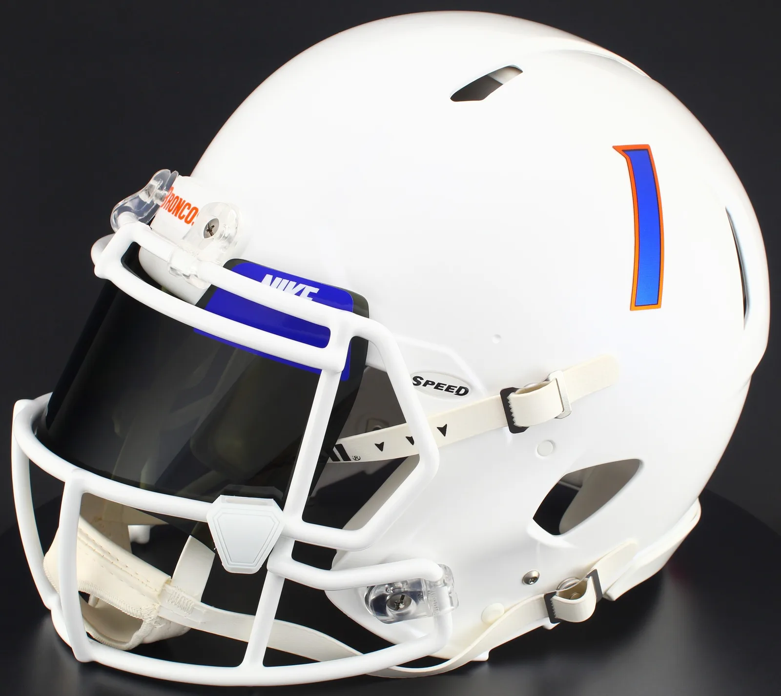 Boise State Broncos Riddell Authentic Speed Football Helmet – White, White Factory Mask, Nike Black Visor, Royal Blue Brow Tabs, and White Clips