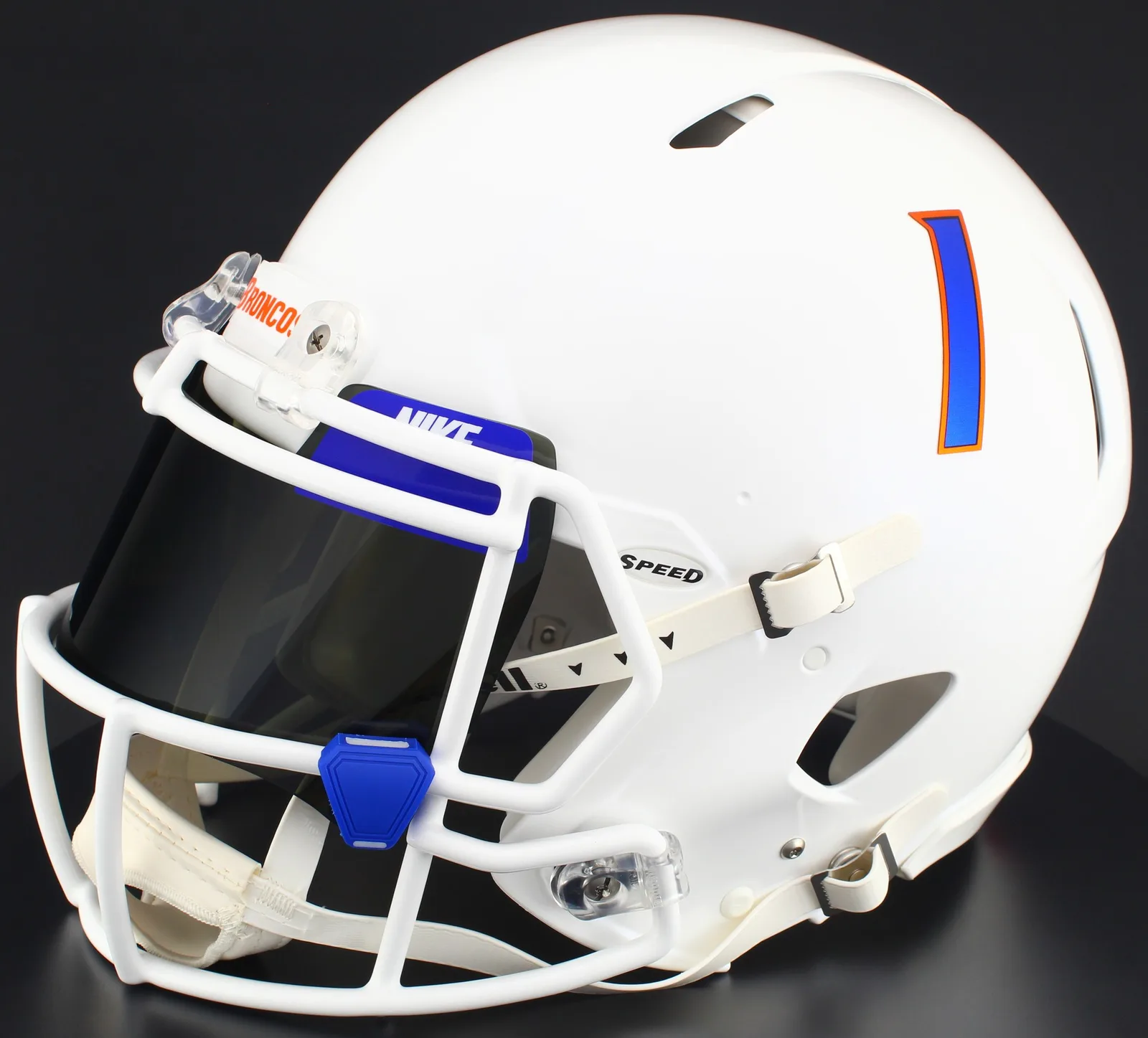 Boise State Broncos Riddell Replica Speed Football Helmet – White, Royal Blue Mask, Nike Black Visor, Royal Blue Brow Tabs, and Blue Chrome Clips