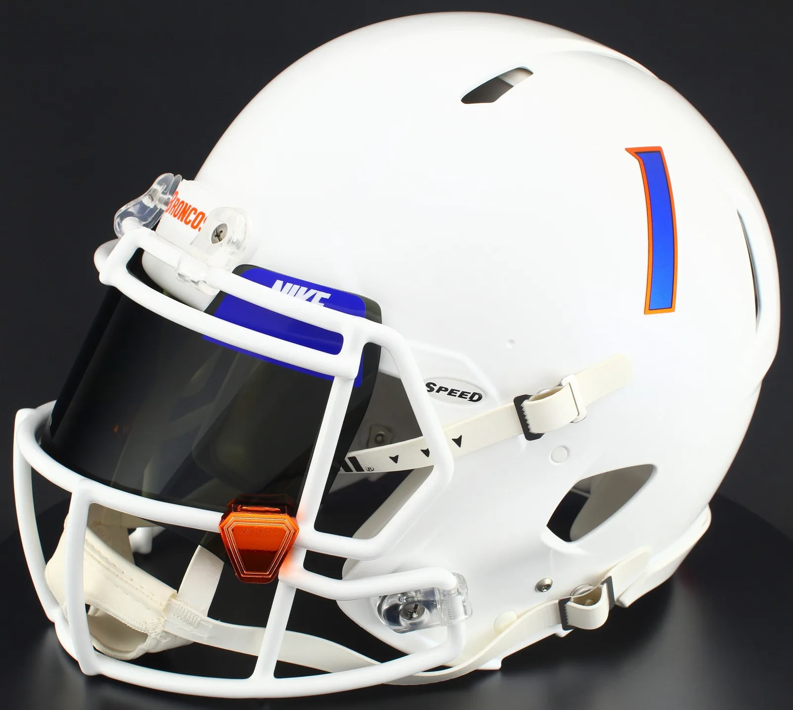 Boise State Broncos Riddell Replica Speed Football Helmet – White, White Factory Mask, Nike Black Visor, Dolphins Aqua Brow Tabs, and Orange Chrome Clips