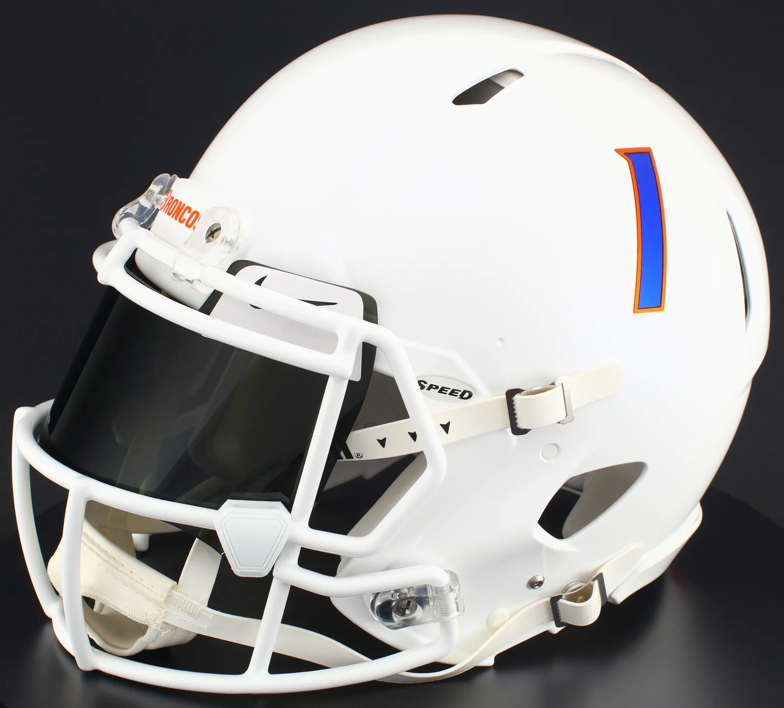 Boise State Broncos Riddell Replica Speed Football Helmet – White, White Factory Mask, Nike Black Visor, White Brow Tabs, and White Clips