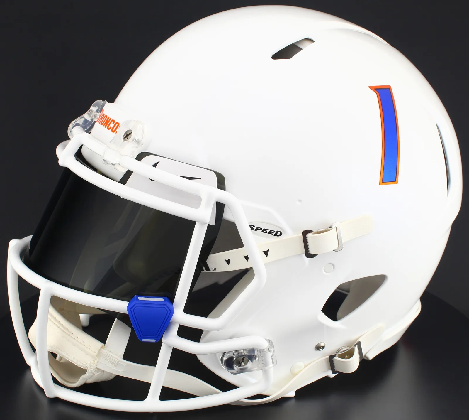 Boise State Broncos Riddell Replica Speed Football Helmet – White, White Factory Mask, Nike Black Visor, White Brow Tabs, and Light Royal Blue Clips