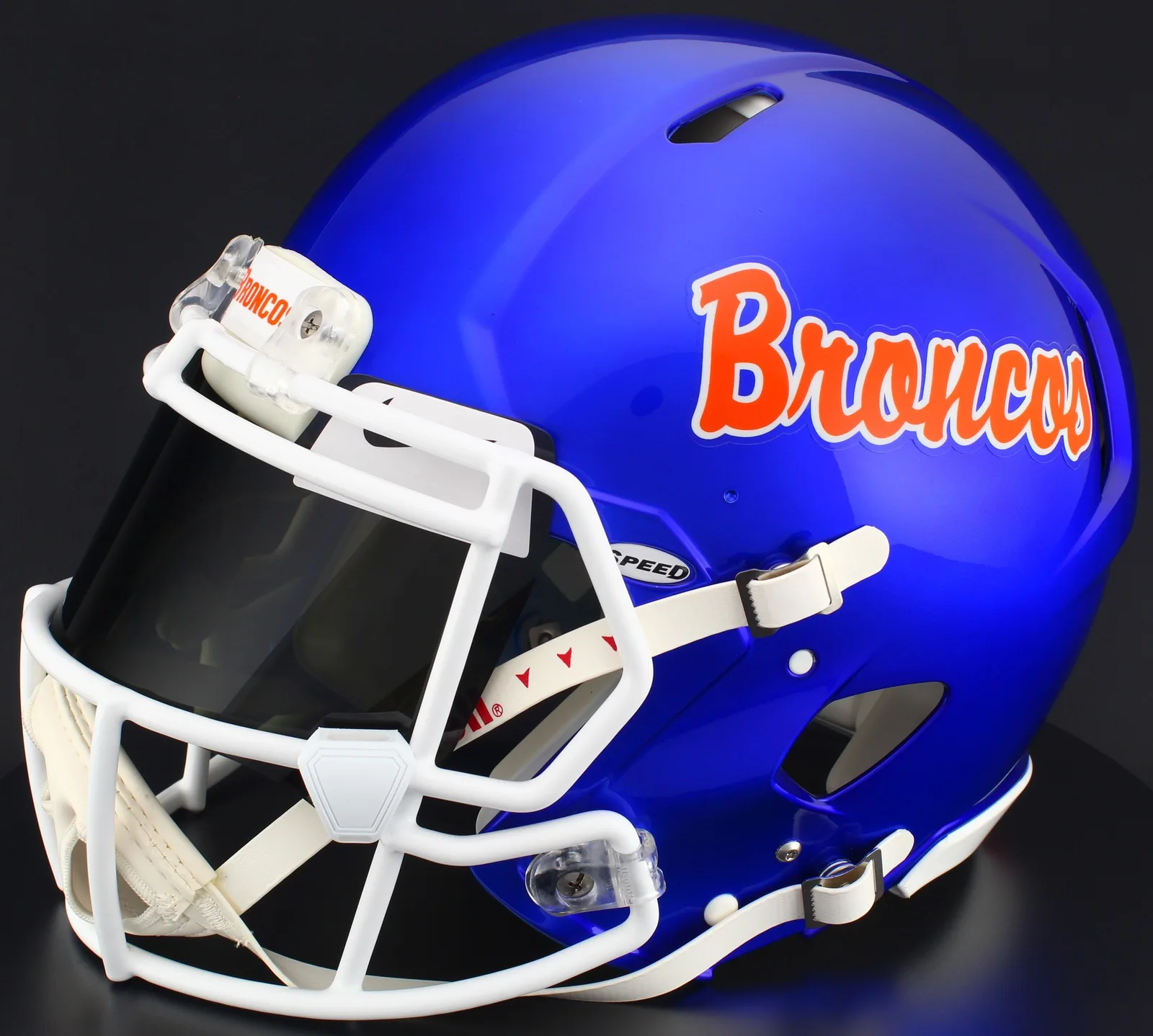 Boise State Broncos Riddell Authentic Speed Football Helmet – Script, White Factory Mask, Nike Black Visor, White Brow Tabs, and White Clips