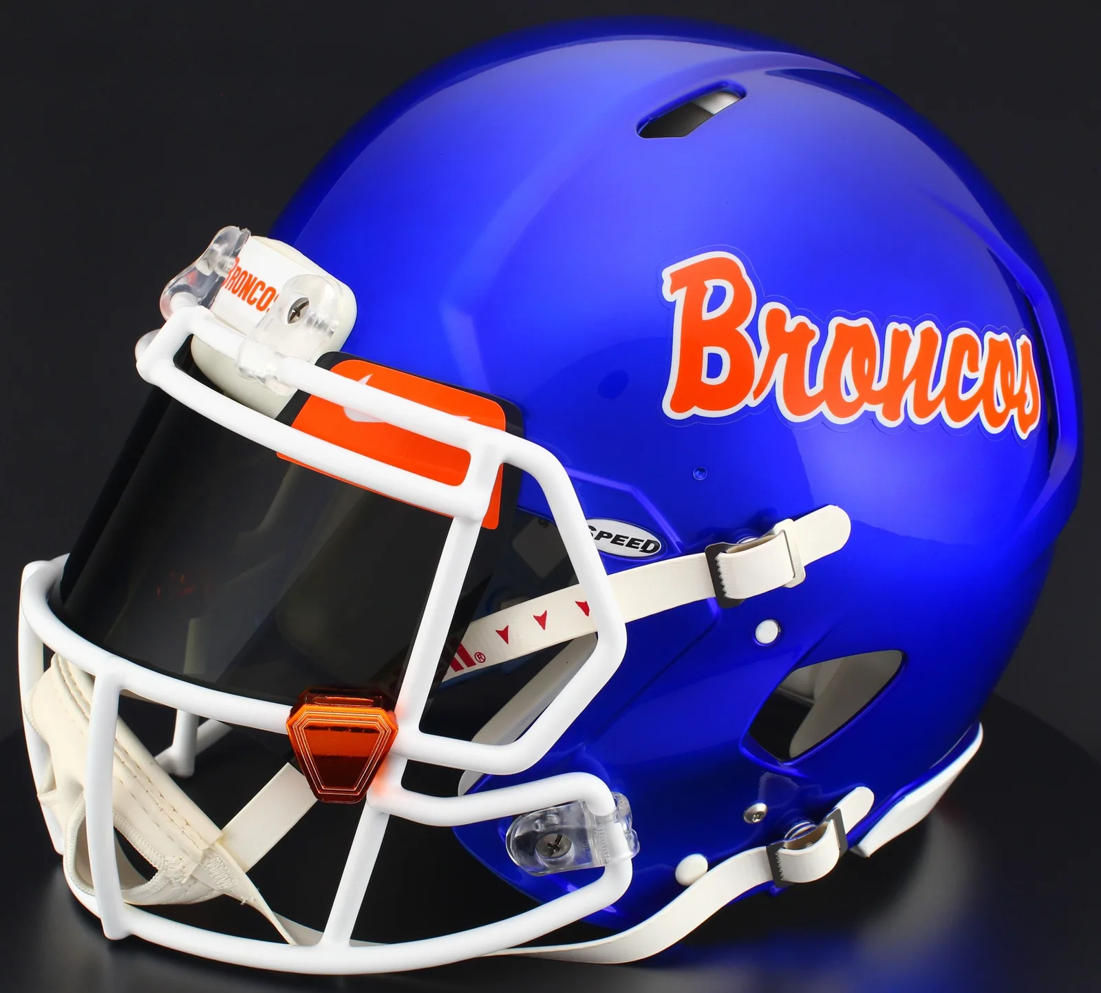 Boise State Broncos Riddell Replica Speed Football Helmet – Script, White Factory Mask, Nike Black Visor, Dark Green Brow Tabs, and Orange Chrome Clips
