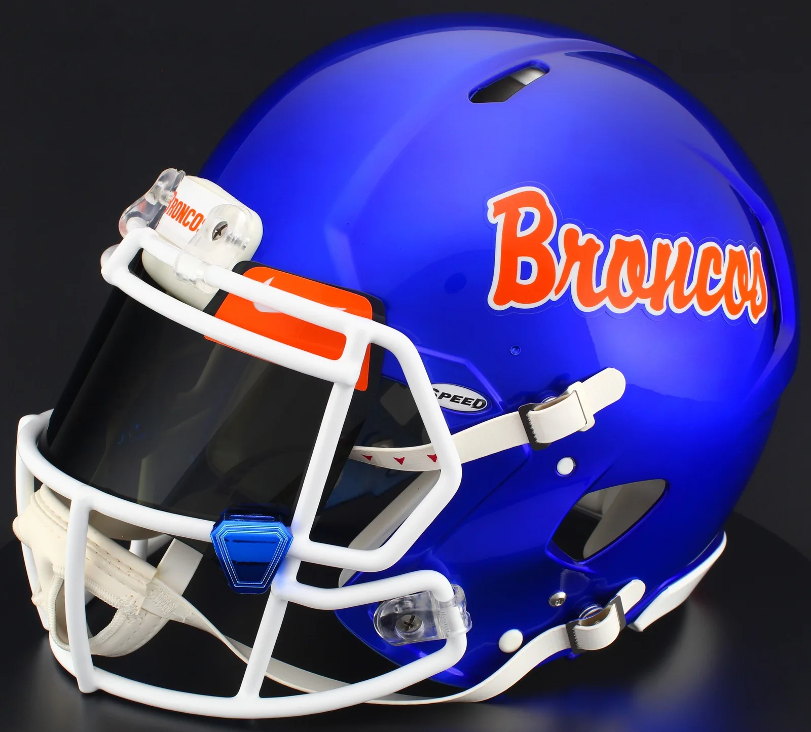 Boise State Broncos Riddell Authentic Speed Football Helmet – Script, White Factory Mask, Nike Black Visor, Dark Orange Brow Tabs, and Blue Chrome Clips
