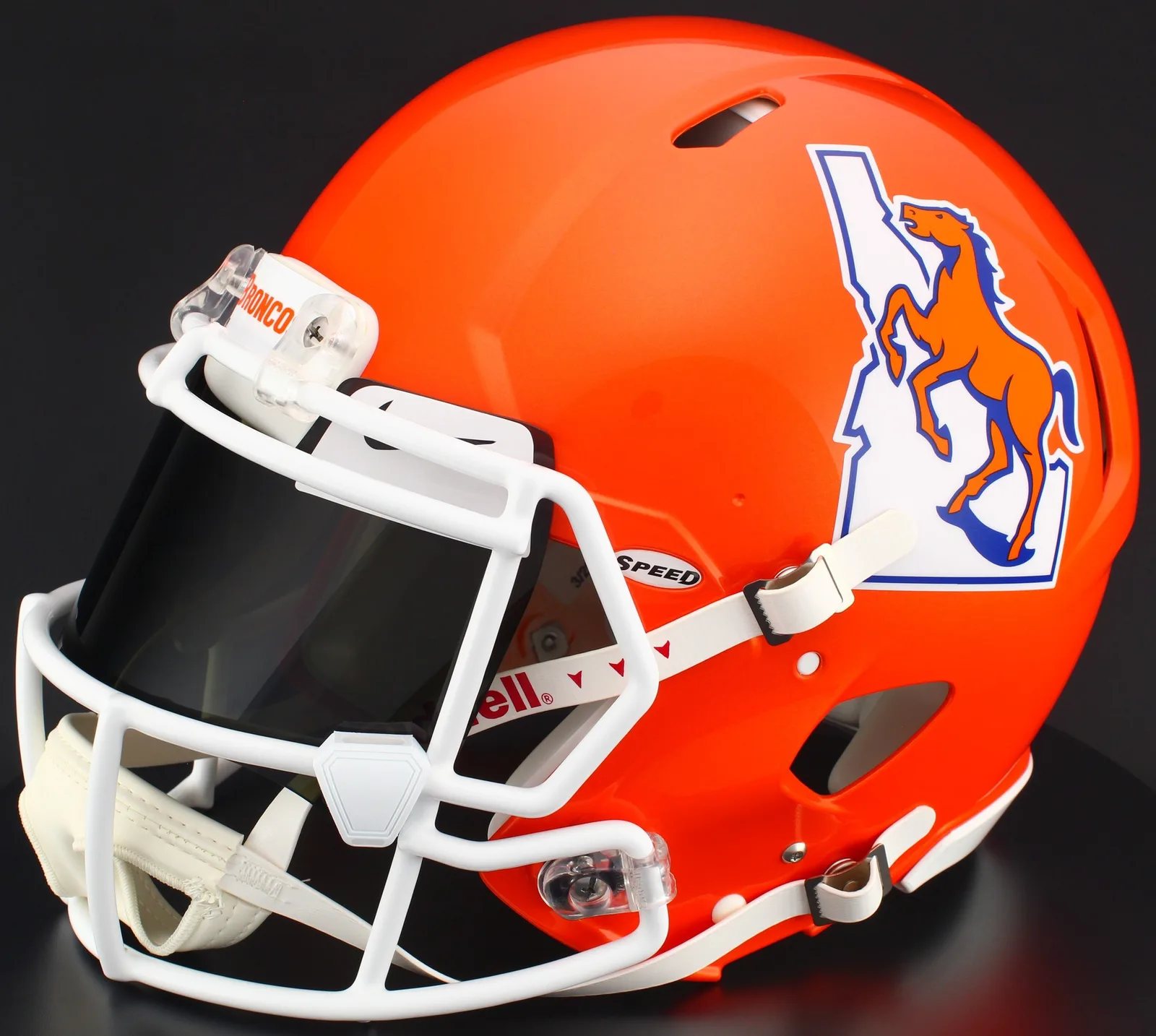 Boise State Broncos Riddell Replica Speed Football Helmet – Orange, White Factory Mask, Nike Black Visor, White Brow Tabs, and Orange Chrome Clips