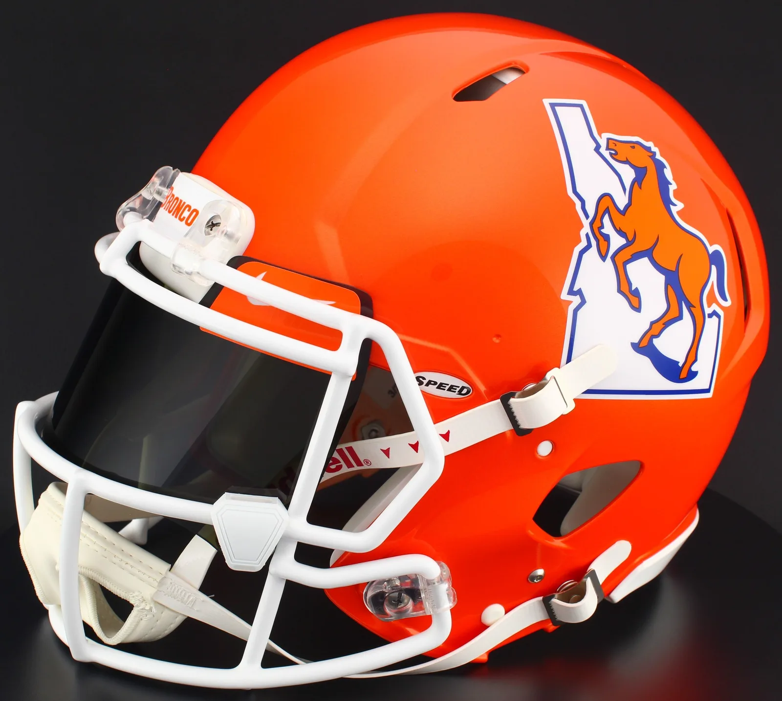 Boise State Broncos Riddell Authentic Speed Football Helmet – Orange, White Factory Mask, Nike Black Visor, Dark Orange Brow Tabs, and White Clips