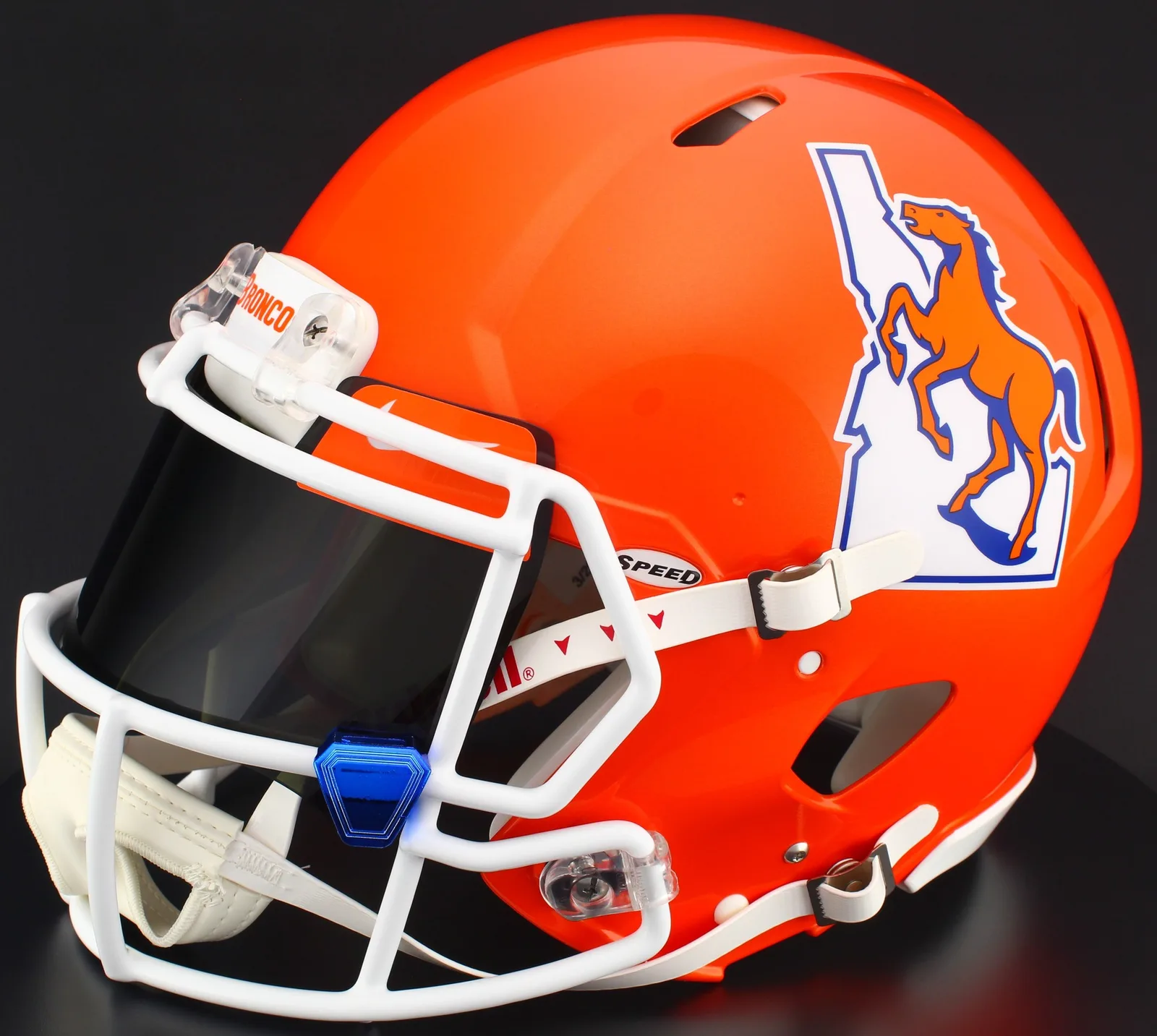 Boise State Broncos Riddell Replica Speed Football Helmet – Orange, White Factory Mask, Nike Black Visor, Dark Orange Brow Tabs, and Blue Chrome Clips