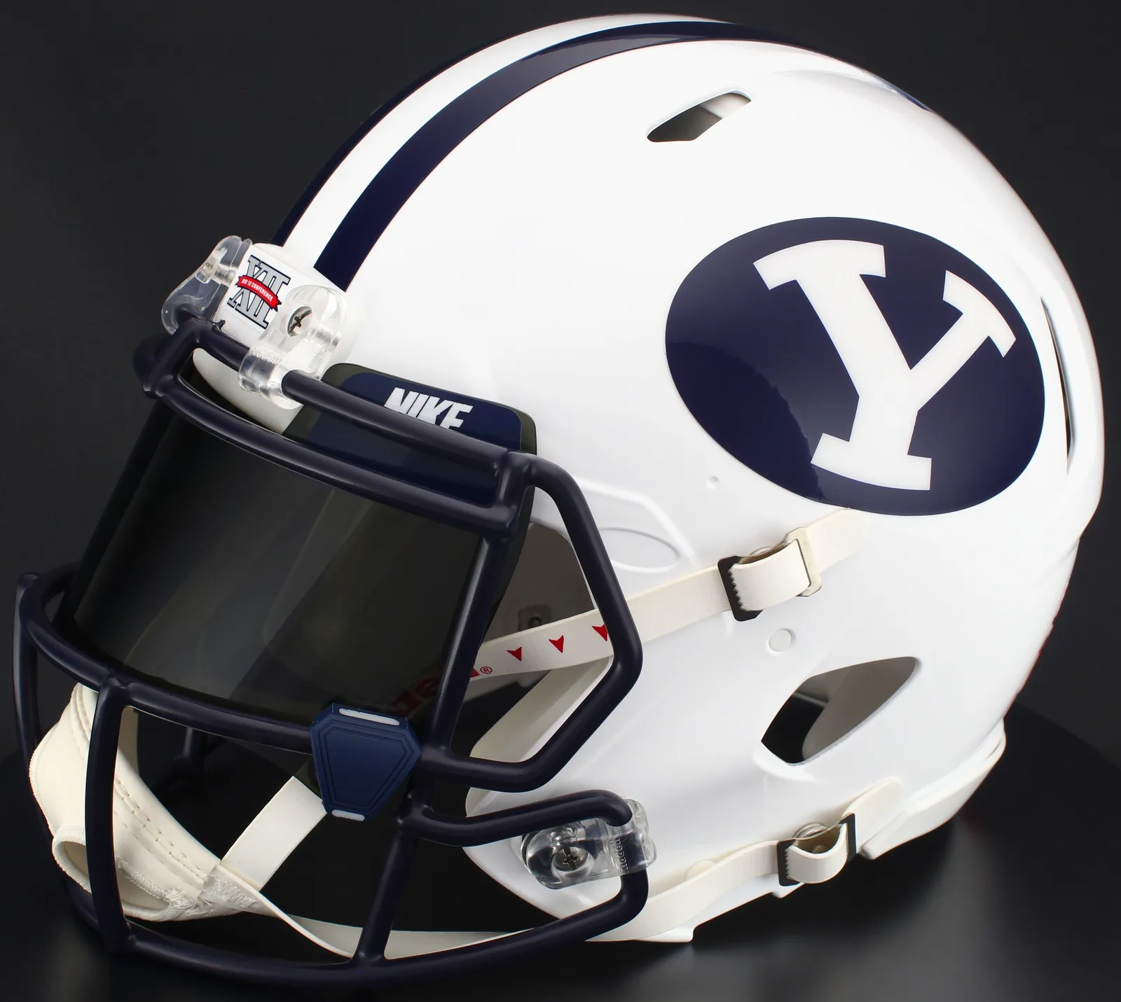 BYU Cougars Riddell Authentic Speed Football Helmet – White Block “Y”, Navy Blue Factory Mask, Nike Black Visor, Navy Blue Brow Tabs, and Navy Blue Clips