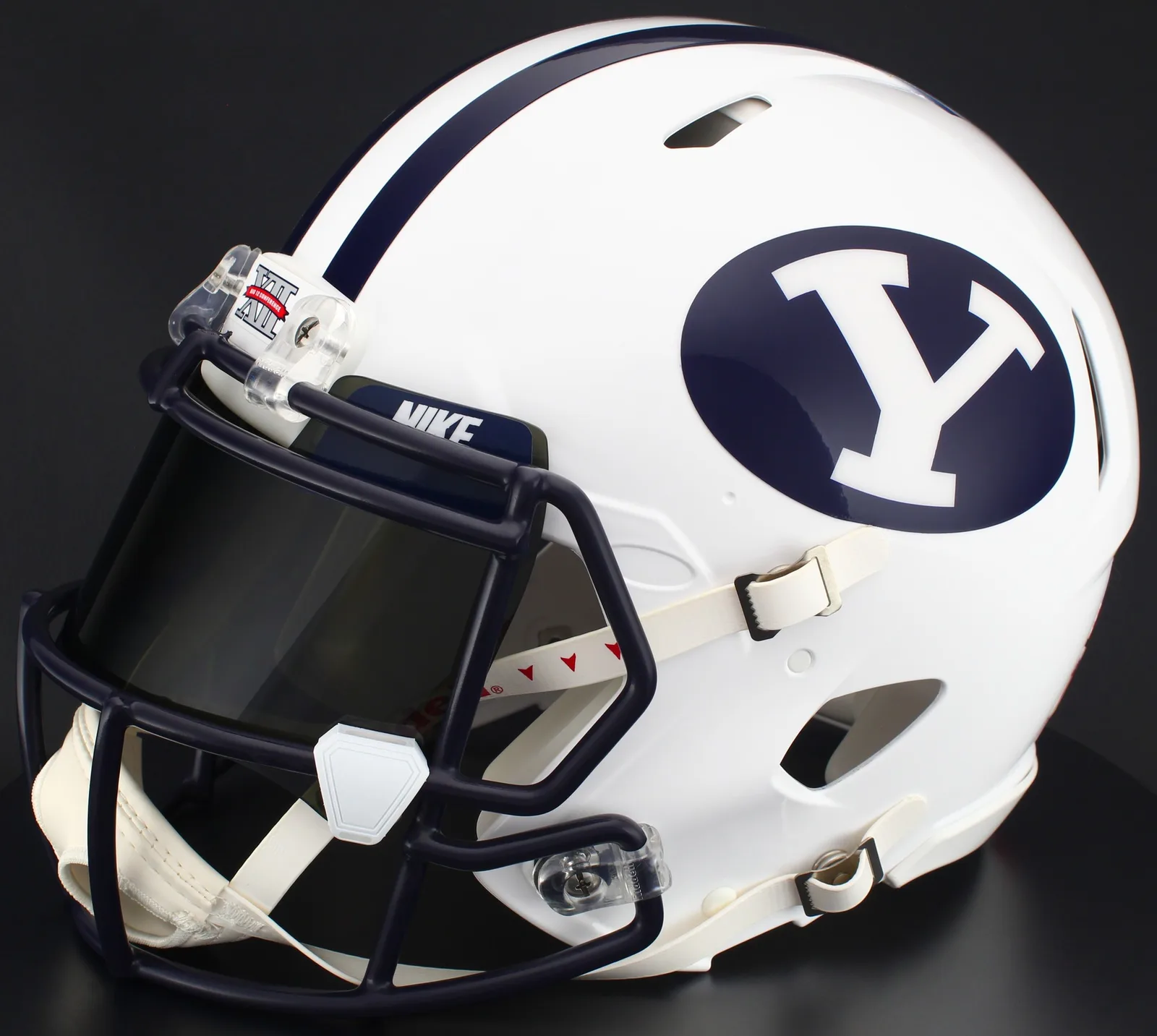 BYU Cougars Riddell Replica Speed Football Helmet – White Block “Y”, Navy Blue Factory Mask, Nike Black Visor, Navy Blue Brow Tabs, and White Clips