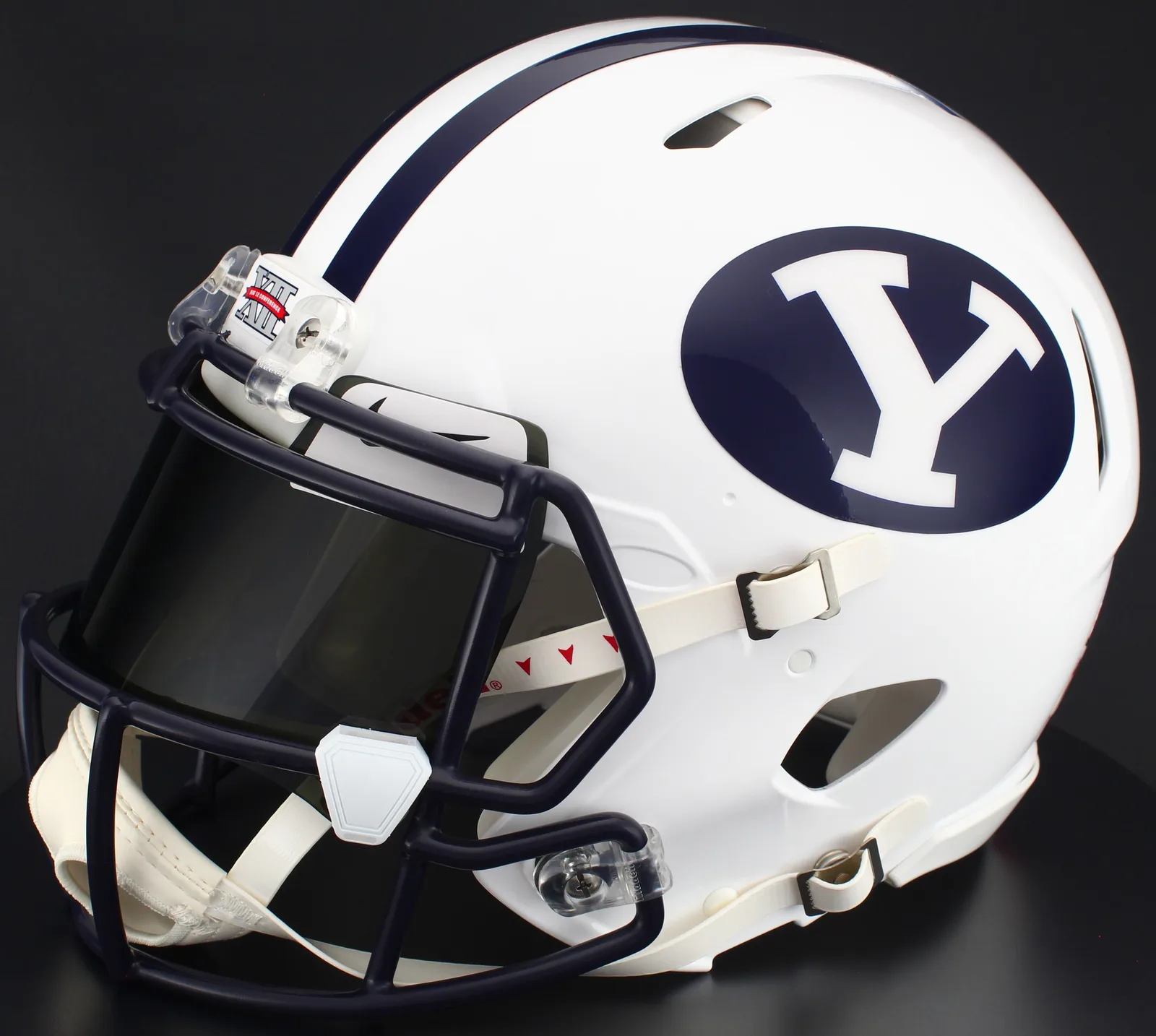 BYU Cougars Riddell Authentic Speed Football Helmet – White Block “Y”, Navy Blue Factory Mask, Nike Black Visor, White Brow Tabs, and White Clips