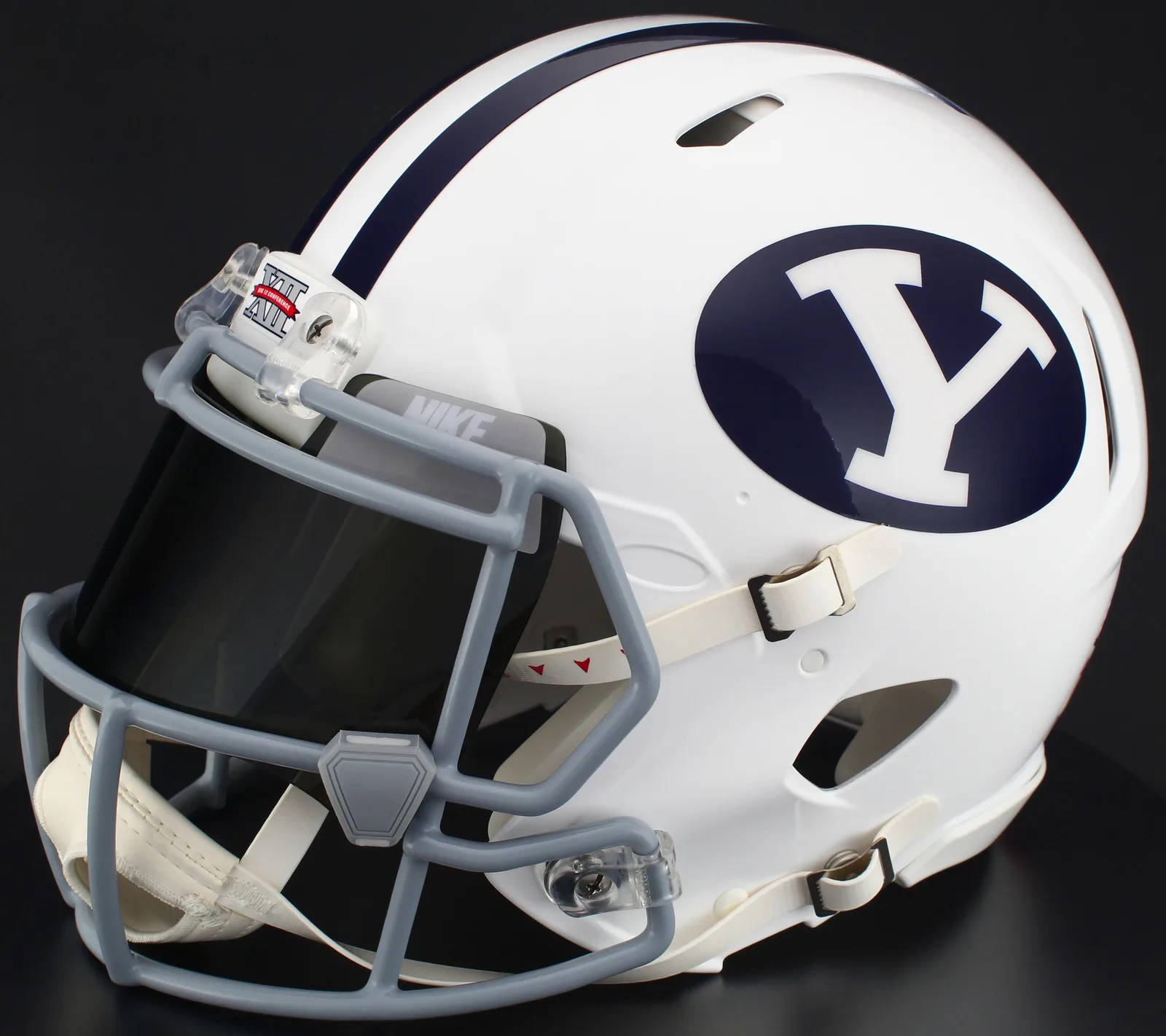 BYU Cougars Riddell Replica Speed Football Helmet – White Block “Y”, Light Gray Mask, Nike Black Visor, Silver Brow Tabs, and Gray Clips