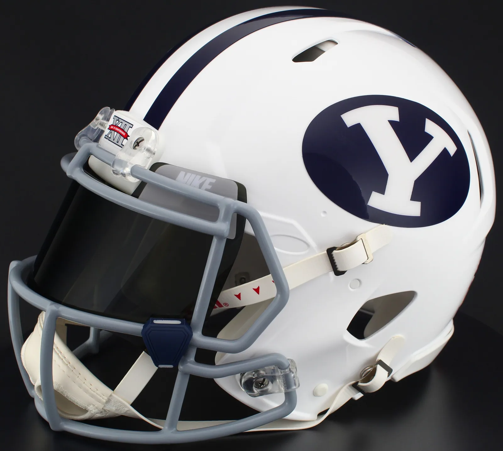 BYU Cougars Riddell Authentic Speed Football Helmet – White Block “Y”, Light Gray Mask, Nike Black Visor, Silver Brow Tabs, and Navy Blue Clips