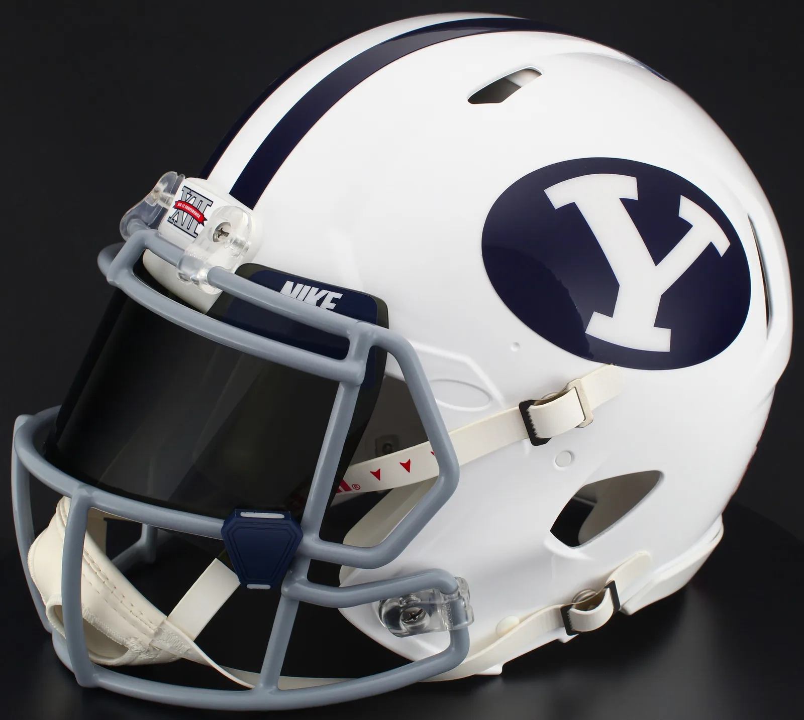 BYU Cougars Riddell Replica Speed Football Helmet – White Block “Y”, Light Gray Mask, Nike Black Visor, Navy Blue Brow Tabs, and Navy Blue Clips
