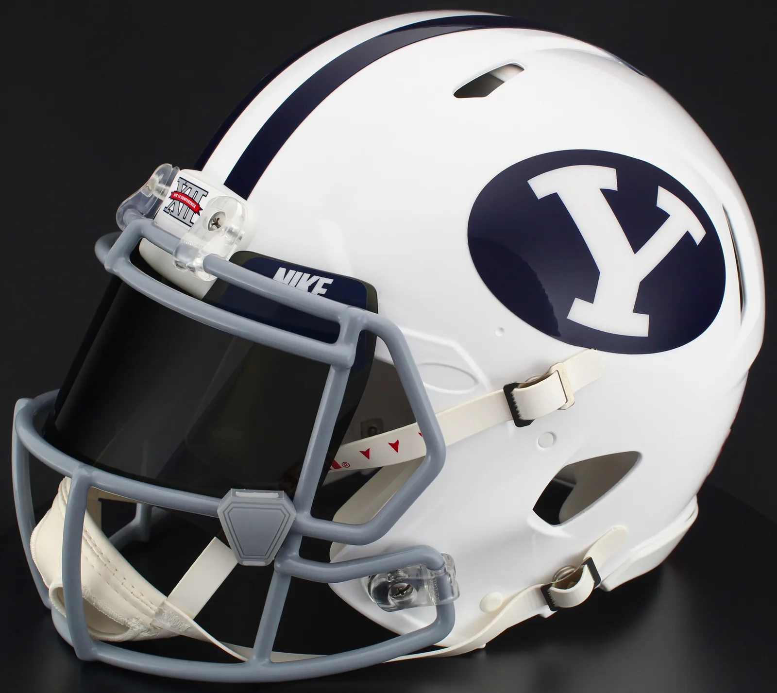 BYU Cougars Riddell Replica Speed Football Helmet – White Block “Y”, Light Gray Mask, Nike Black Visor, Navy Blue Brow Tabs, and Gray Clips