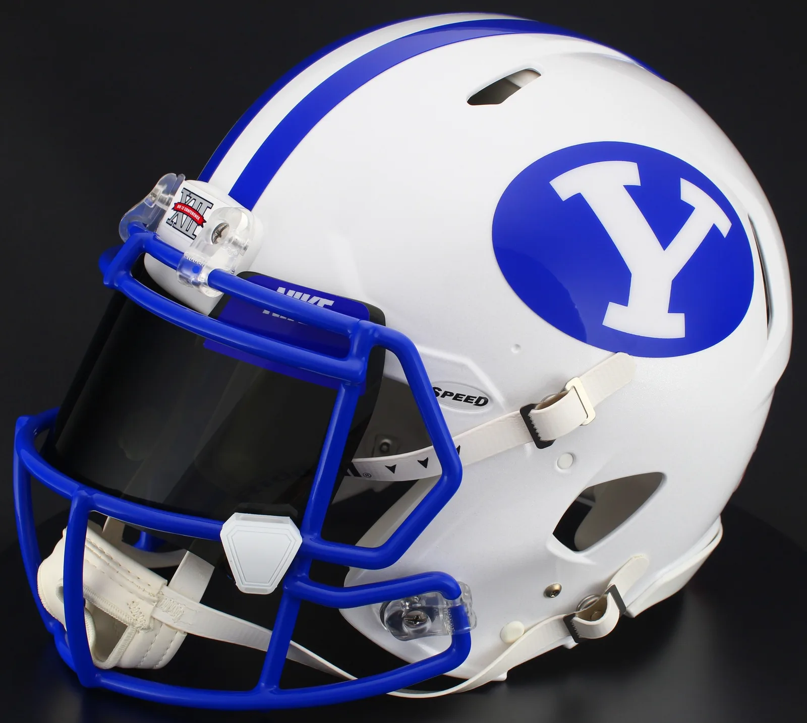 BYU Cougars Riddell Replica Speed Football Helmet – White Block “Y”, Royal Blue Mask, Nike Black Visor, Royal Blue Brow Tabs, and White Clips