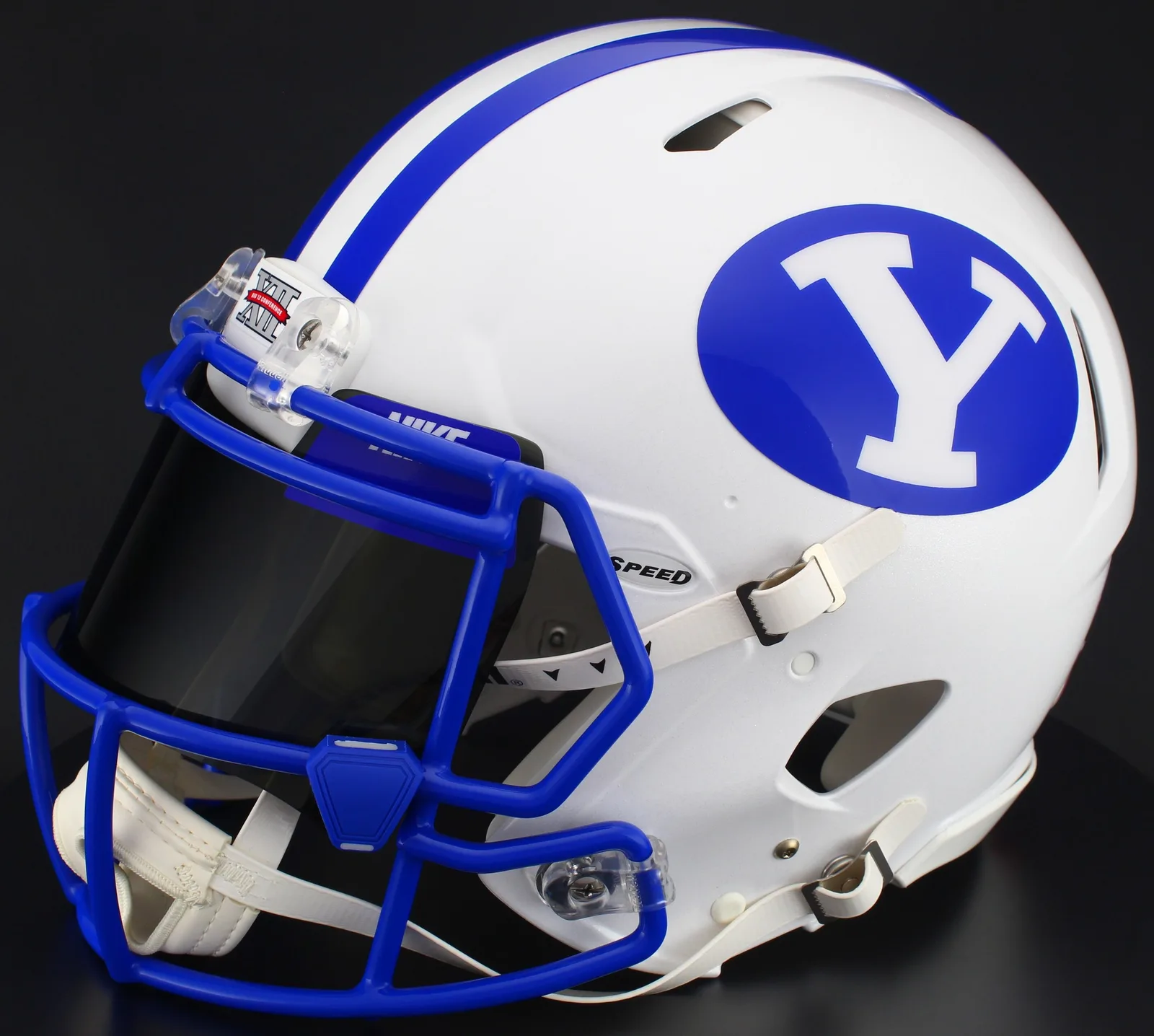 BYU Cougars Riddell Replica Speed Football Helmet – White Block “Y”, Royal Blue Mask, Nike Black Visor, Royal Blue Brow Tabs, and Light Royal Blue Clips