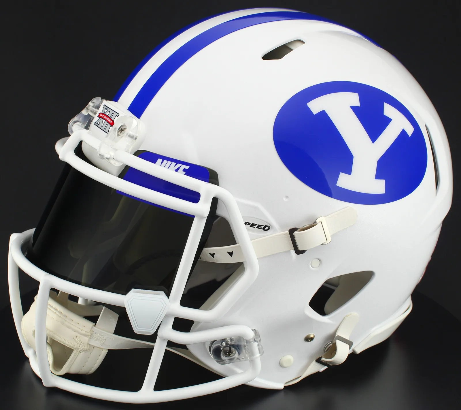 BYU Cougars Riddell Authentic Speed Football Helmet – White, White Mask, Nike Black Visor, Royal Blue Brow Tabs, and White Clips