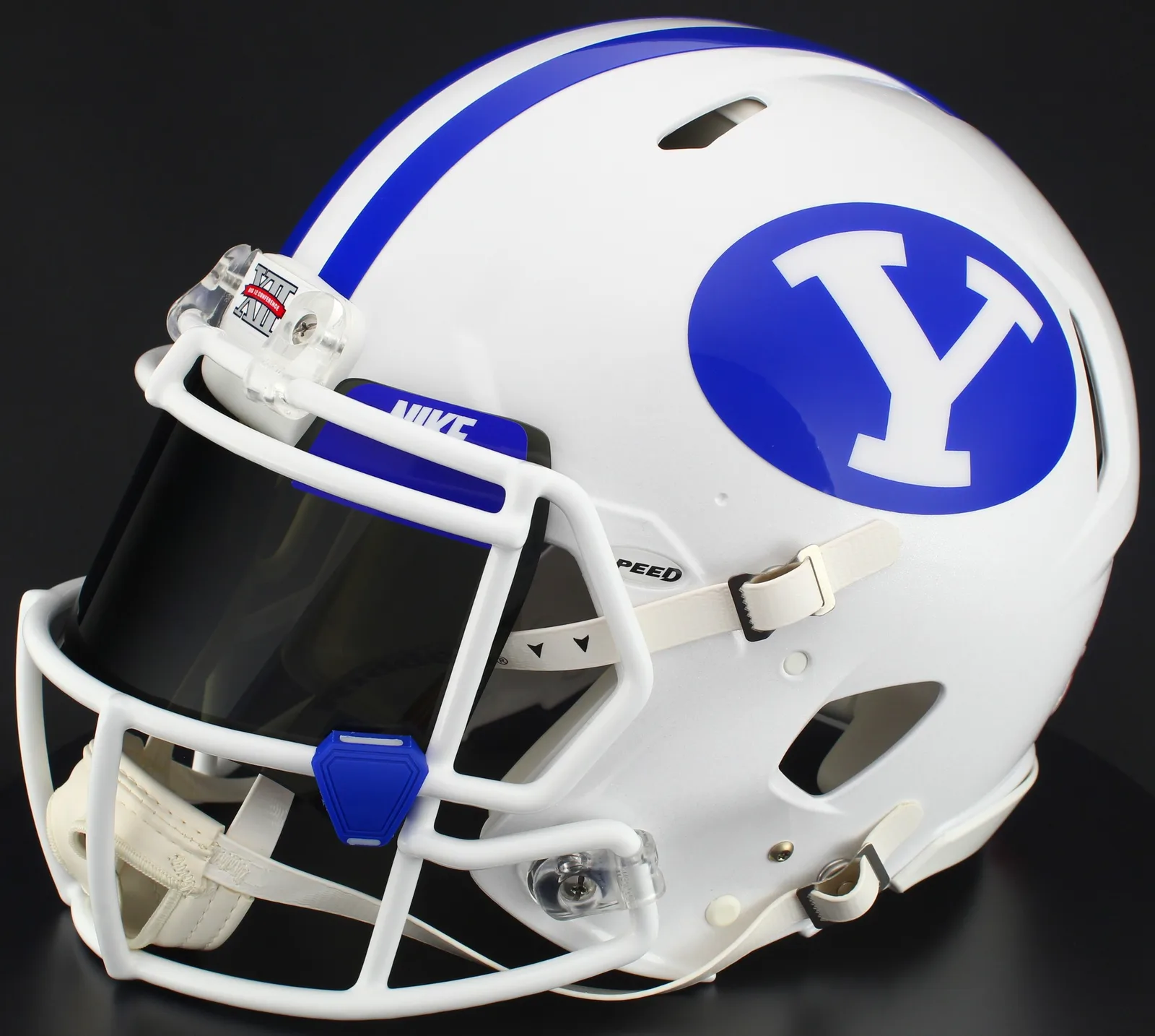 BYU Cougars Riddell Replica Speed Football Helmet – White, White Mask, Nike Black Visor, Royal Blue Brow Tabs, and Light Royal Blue Clips