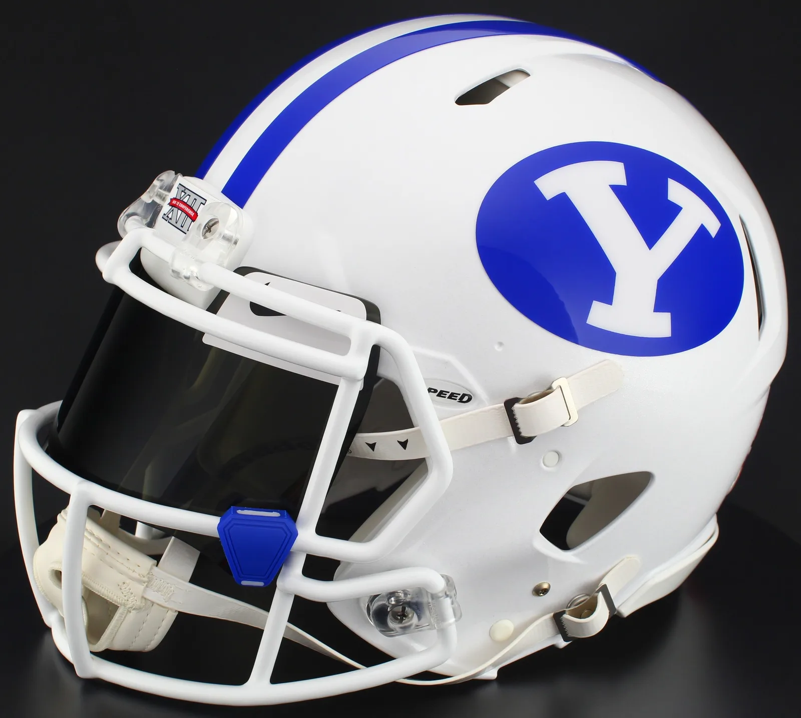 BYU Cougars Riddell Authentic Speed Football Helmet – White, White Mask, Nike Black Visor, White Brow Tabs, and Light Royal Blue Clips