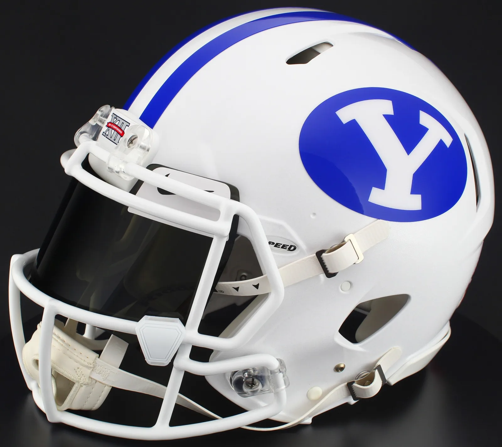 BYU Cougars Riddell Authentic Speed Football Helmet – White, White Mask, Nike Black Visor, White Brow Tabs, and White Clips