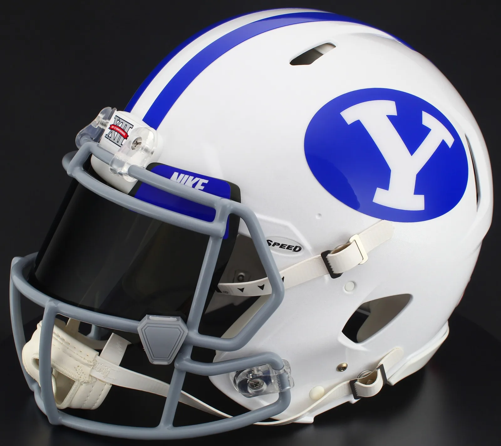 BYU Cougars Riddell Authentic Speed Football Helmet – White, Light Gray Mask, Nike Black Visor, Royal Blue Brow Tabs, and Gray Clips