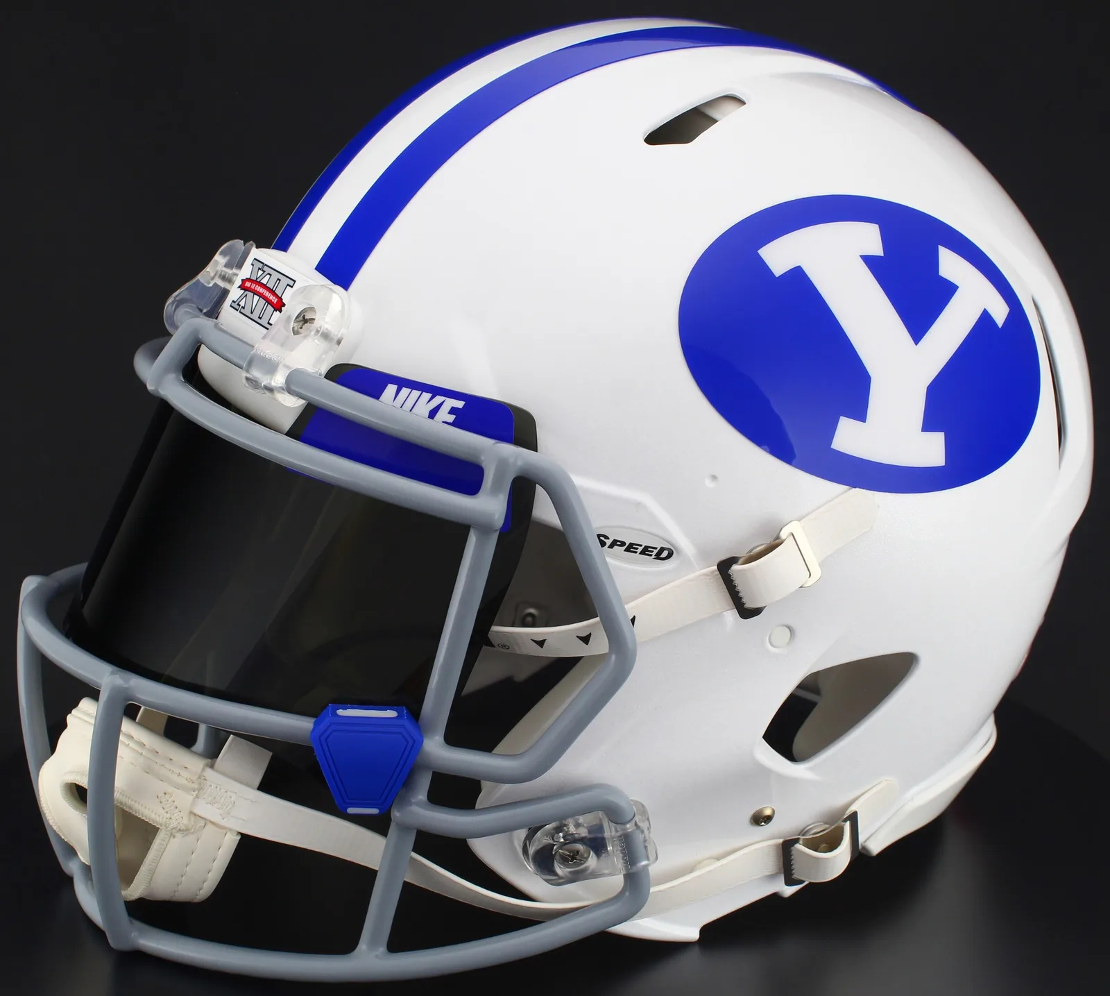 BYU Cougars Riddell Authentic Speed Football Helmet – White, Light Gray Mask, Nike Black Visor, Royal Blue Brow Tabs, and Light Royal Blue Clips