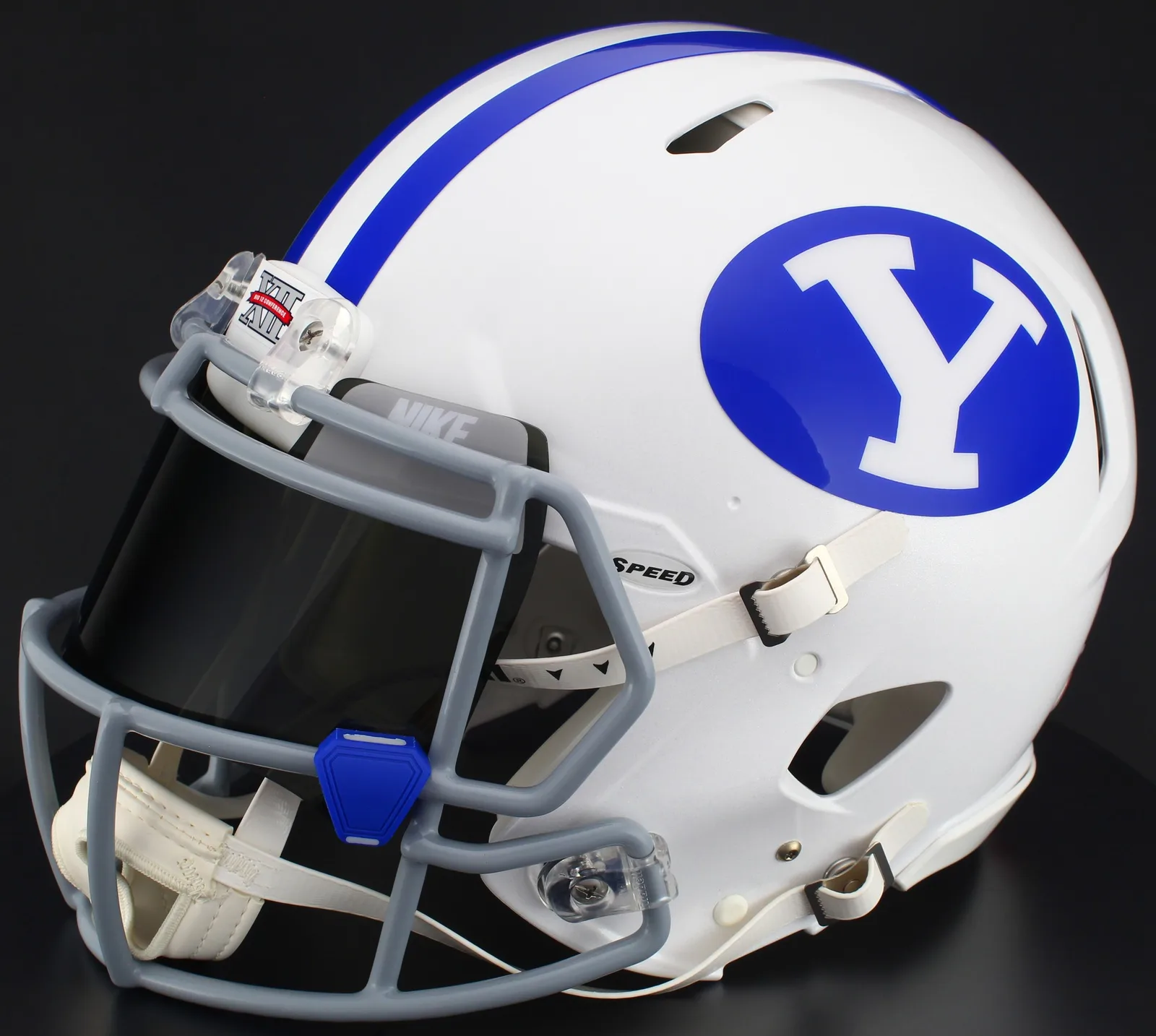 BYU Cougars Riddell Replica Speed Football Helmet – White, Light Gray Mask, Nike Black Visor, Silver Brow Tabs, and Light Royal Blue Clips