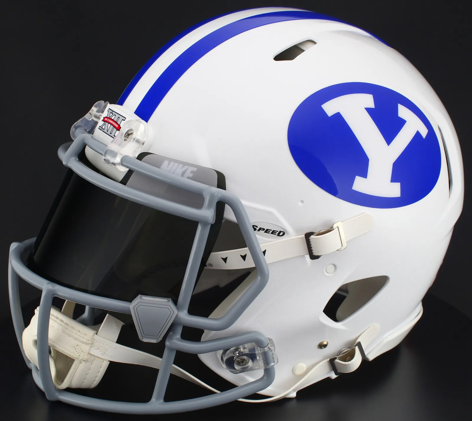 BYU Cougars Riddell Authentic Speed Football Helmet – White, Light Gray Mask, Nike Black Visor, Silver Brow Tabs, and Gray Clips