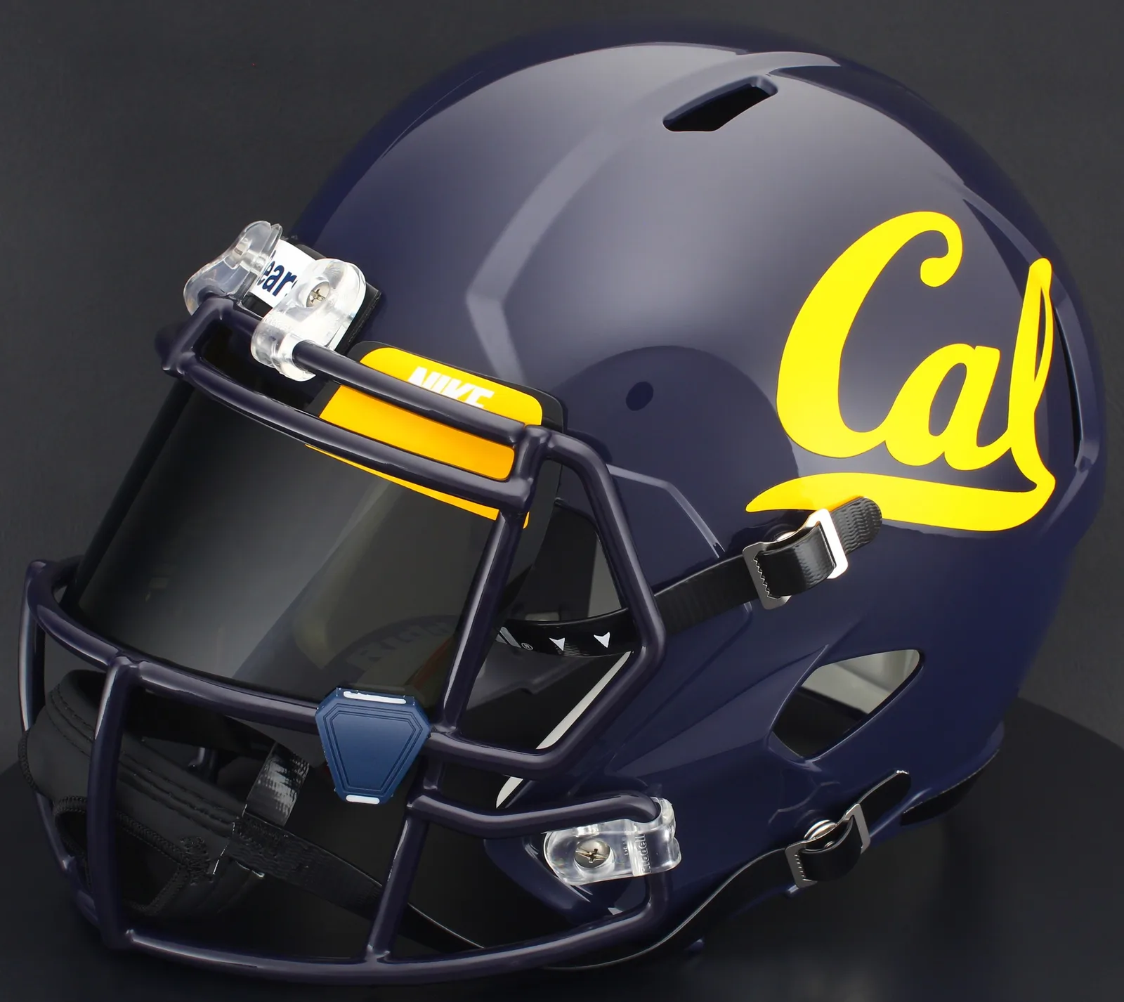 California Golden Bears Riddell Replica Speed Football Helmet – Navy Script Cal, Navy Blue Factory Mask, Nike Black Visor, Yellow Brow Tabs, and Navy Blue Clips