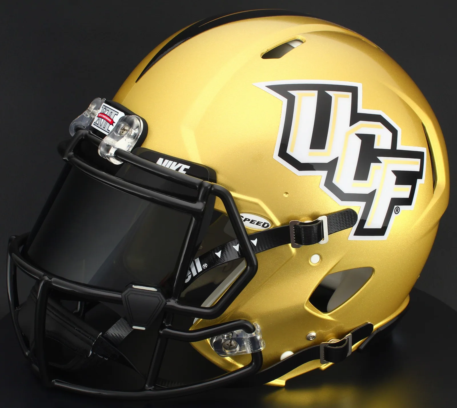 UCF Knights Riddell Authentic Speed Football Helmet – Ucf Gold, Black Factory Mask, Nike Black Visor, Black Brow Tabs, and Black Clips